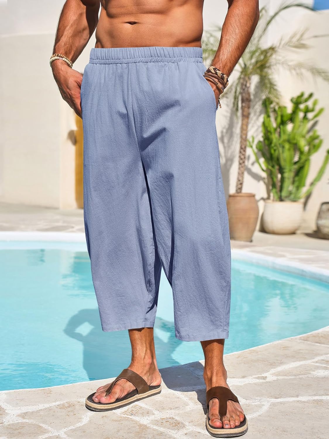 Runcati Mens Cotton Harem Capri Pants Yoga Beach Baggy 3/4 Shorts Pants Casual Elastic Waist Hippie Boho Pants - Image 2