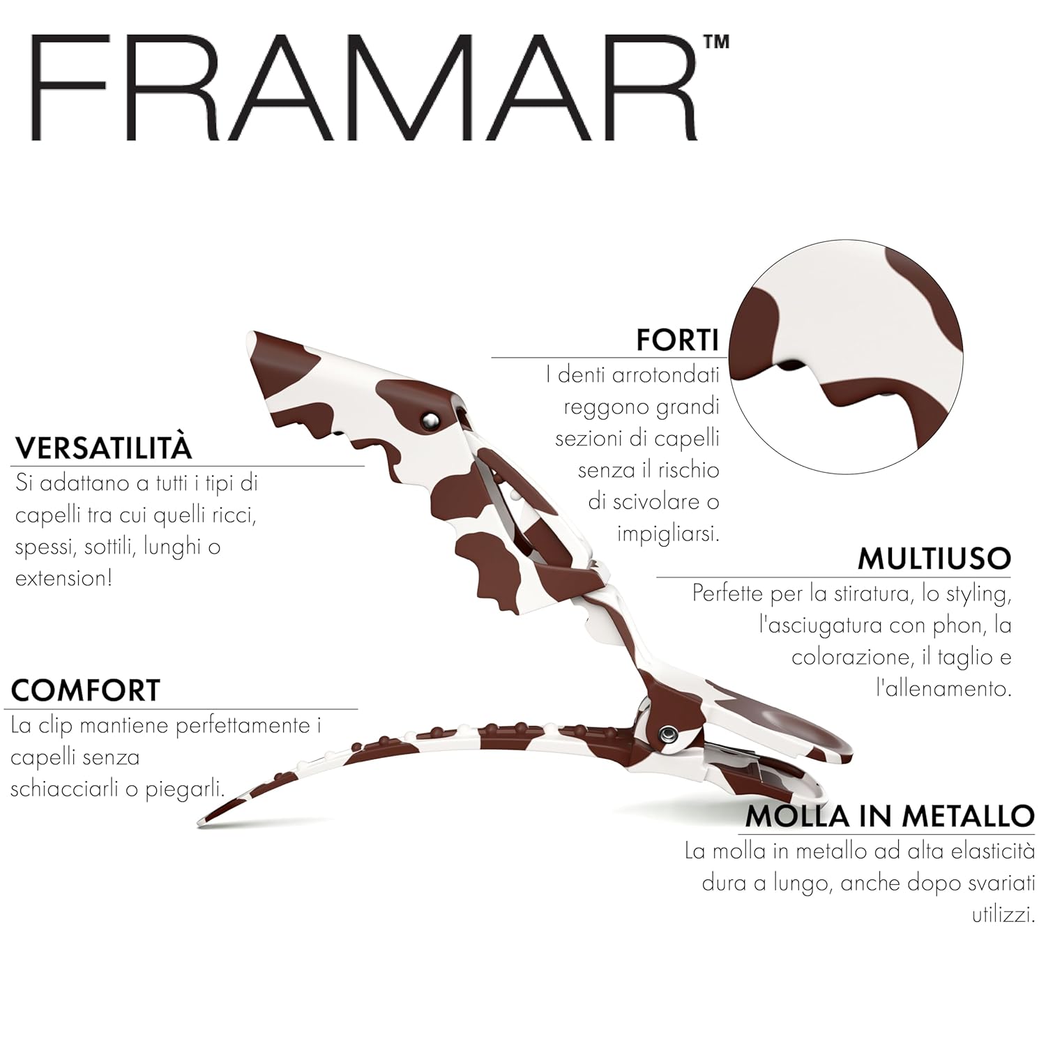 FRAMAR Cow Print Hair Detangler Brush, Alligator Clips, Hair Foils For Highlighting - Great For Removing Knots And Tangles, Non Slip Matte Finish, Saves Time, Elegant And Unique, Beautiful Color