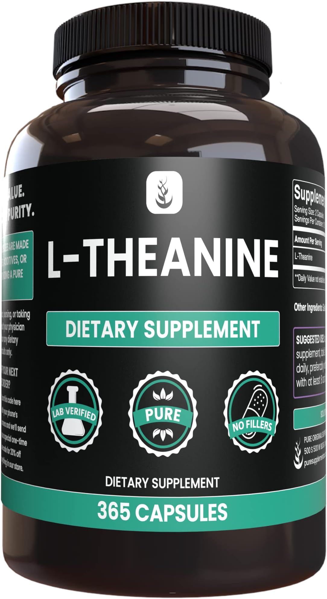 PURE ORIGINAL INGREDIENTS L-Theanine (365 Capsules) Amino Acid, No Magnesium or Rice Filler, Lab Verified