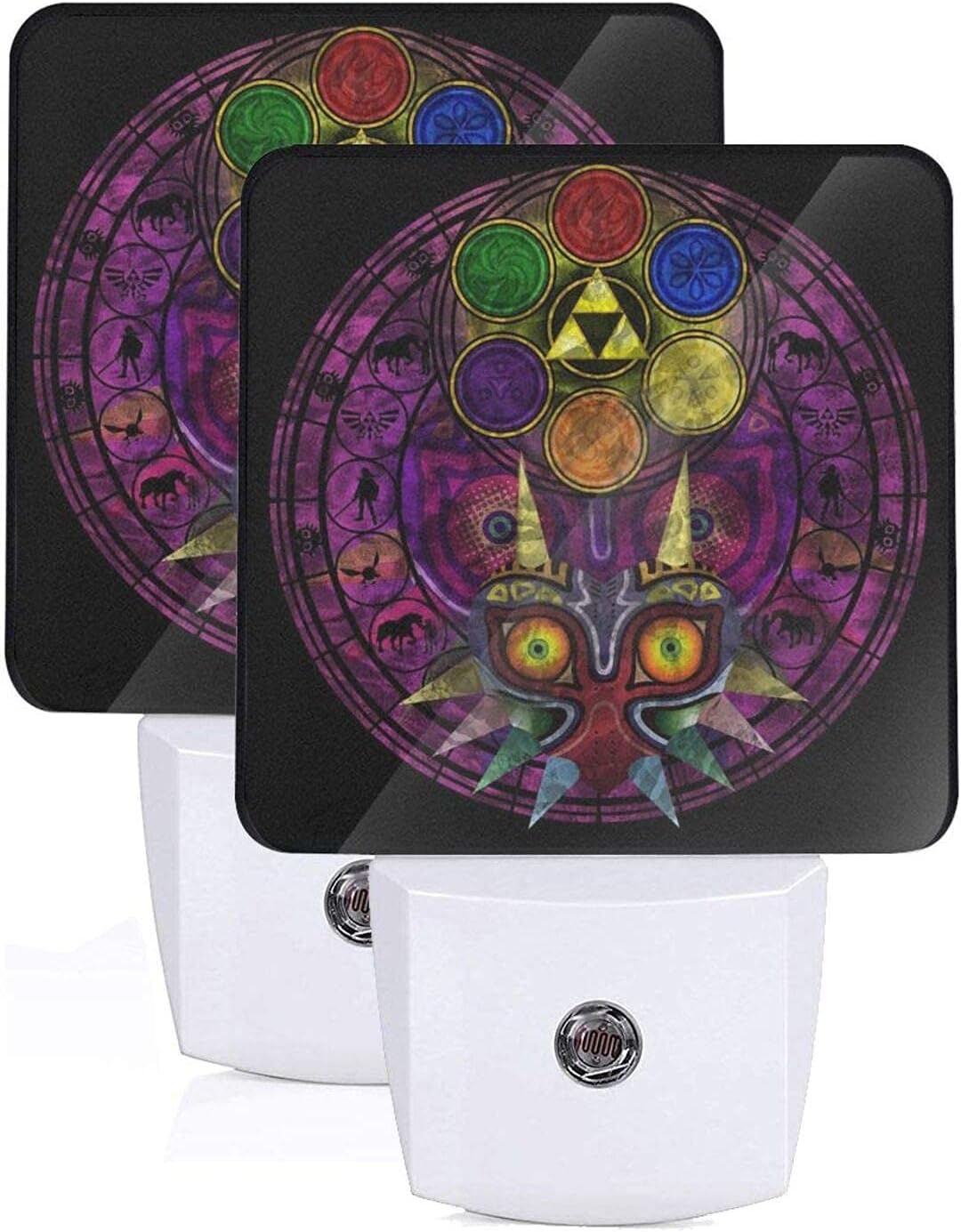 Majora's Mask - Juego de 2 luces nocturnas LED enchufables con vitrales, lámpara con sensor automático de anochecer a amanecer para dormitorio, baño, cocina, pasillo, escaleras