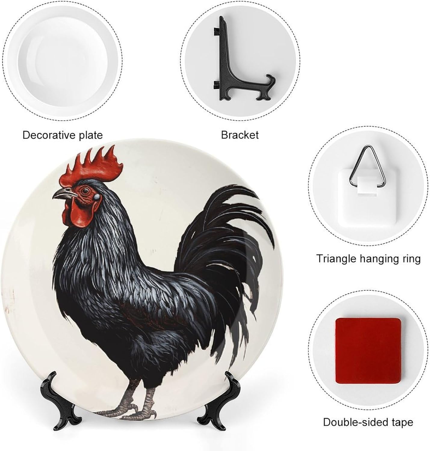 FodPand Black Rooster Decorative Plate Ceramic Plates for Display