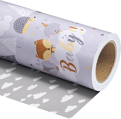 Miniatura 23 de WRAPAHOLIC Papel de regalo reversible para baby shower, mini rollo, 17 pulgadas x 33 pies, diseño de animales grises neutros, baby shower, Baby