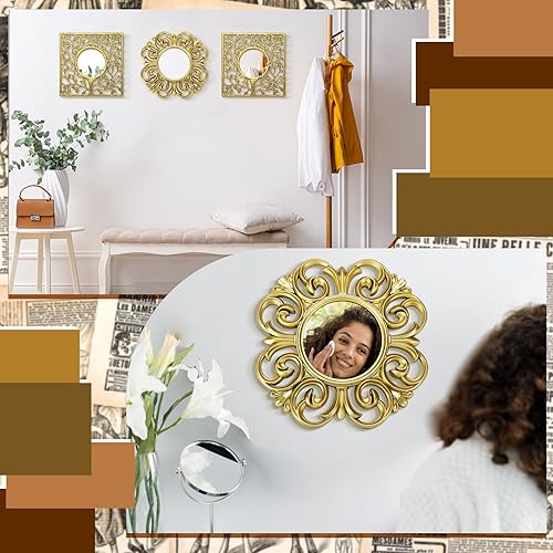 Miniatura 4 de Paquete de 3 espejos dorados con forma de explosión de sol para decoración de pared, círculos, flores, espejos decorativos dorados para colgar en la