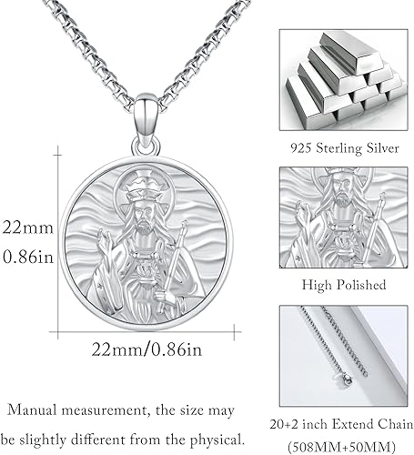 Vista 525 de Collar con colgante de plata de ley 925 con medalla de San Patrón, joyería religiosa para hombres y mujeres, con cadena de acero inoxidable 316L