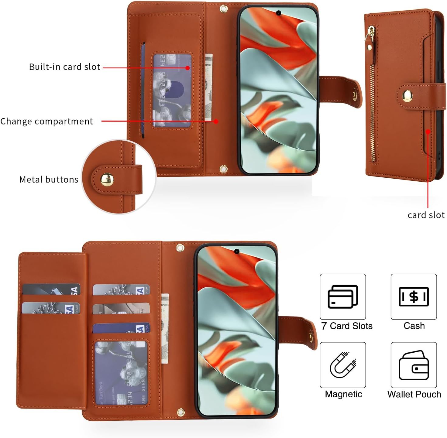 Asuwish Phone Case for Google Pixel 10 Pro XL Zipper Wallet Cell Cover, with Tempered Glass Screen Protector and Crossbody Wrist Strap, Credit Card Holder Pixel10 10Pro 10ProXL Ten Women Girls Brown