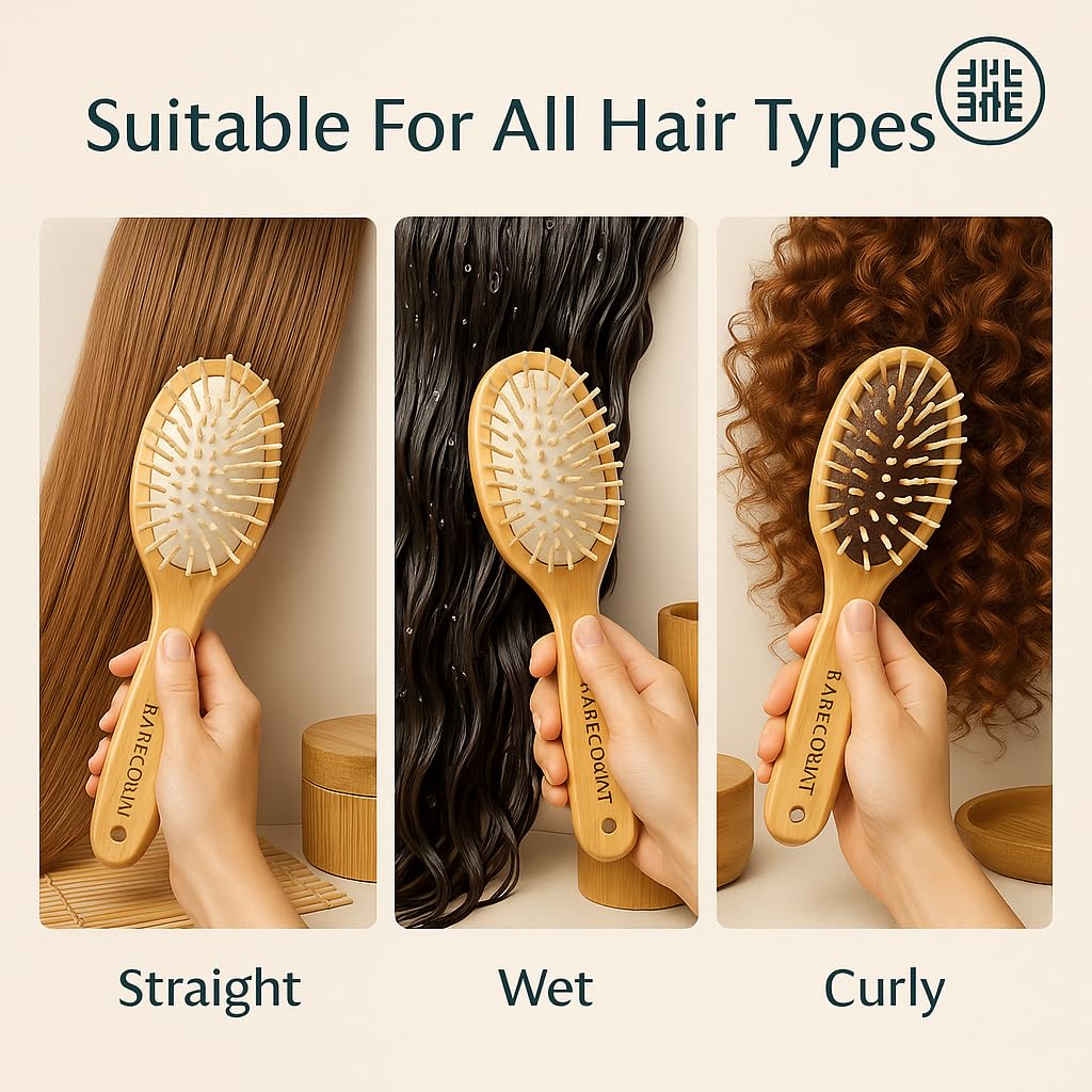 Hair Brush Bamboo Wooden (Set of 4) – Paddle Brush, Oval Brush & Detangling Brush, Anti-Static Natural Hair Brushes for Long Short Thick Thin Curly Straight Wavy Dry Hair for Men Women Kids,Giftbox
