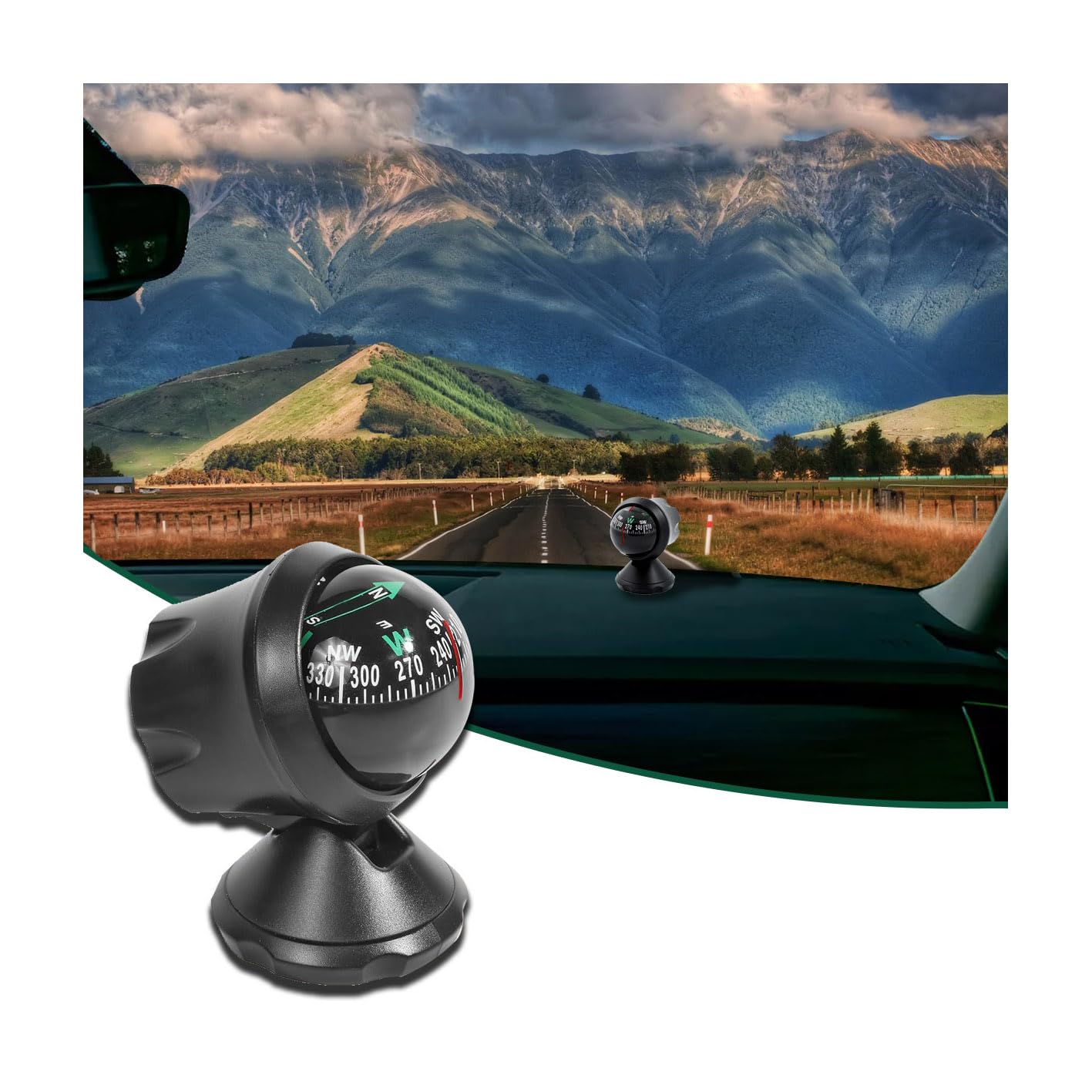 Brújula de coche con bola de montaje en tablero, brújula ajustable con varilla inferior, guía de navegación para senderismo, barco, camión, caravana, accesorios universales para exteriores.
