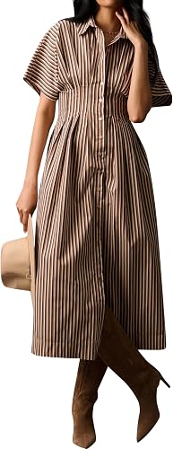 Ceputer Women Striped Button Down Shirt Maxi Dresses Summer Pleated Short Sleeve