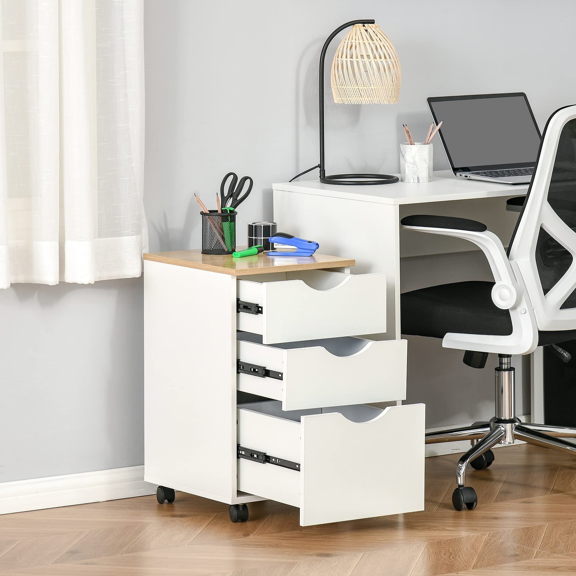HOMCOM Caisson de Bureau, Rangement Bureau sur roulettes avec 3 tiroirs coulissants, 34 x 40 x 60,5 cm, Blanc et Effet Bois Naturel