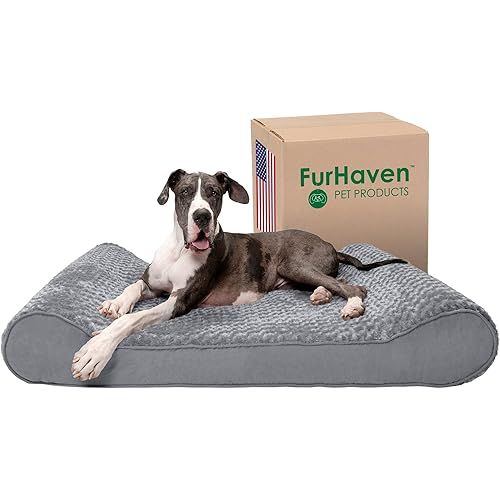 Furhaven Orthopedic Dog Bed for Extra Large Dogs w/ Removable Washable Cover, For Dogs Up to 180 lbs - Ultra Plush Faux Fur & Suede Luxe Lounger Contour Mattress - Gray, Giant/XXXL