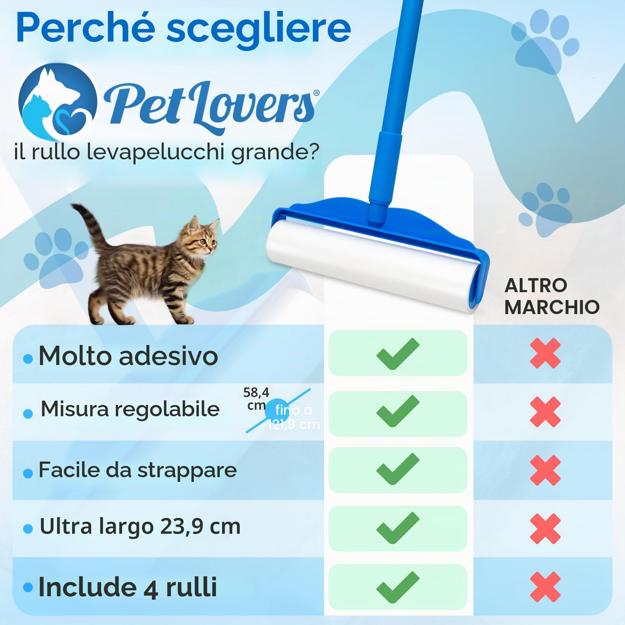 Rullo Rimuovi Peli PetLovers Large con 3 Ricariche – 360 Fogli Totali per Affrontare i Peli degli Animali, Rullo Extra Large per Pavimenti e Tappeti per Case con Animali, Perfetto per Pavimenti