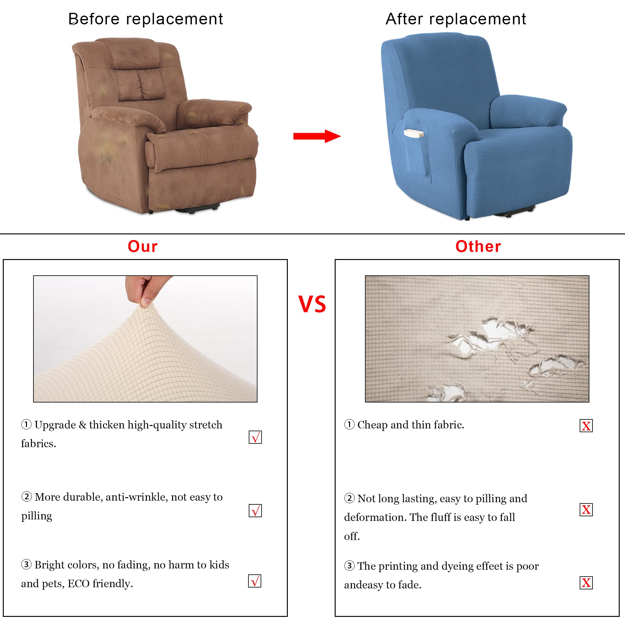 TIANSHU 1 Posti Fodera per Poltrona Reclinabile, Fodera per Poltrona Reclinabile Jacquard, Fodera per Divano Reclinabile Elasticizzata (Poltrona Reclinabile, Denim Blue)