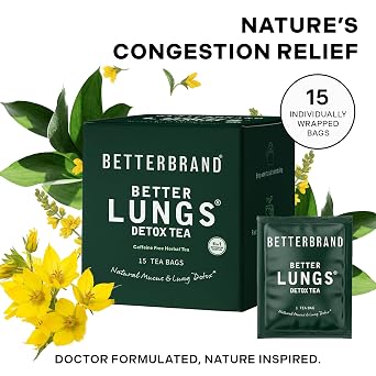 Betterbrand Mullein Tea Bags for Lung Detox - Respiratory Support with Thyme, Elderberry, Ginseng, Ginger, Caffeine Free Herbal Blend - 15 Tea Bags (Pack of 2)