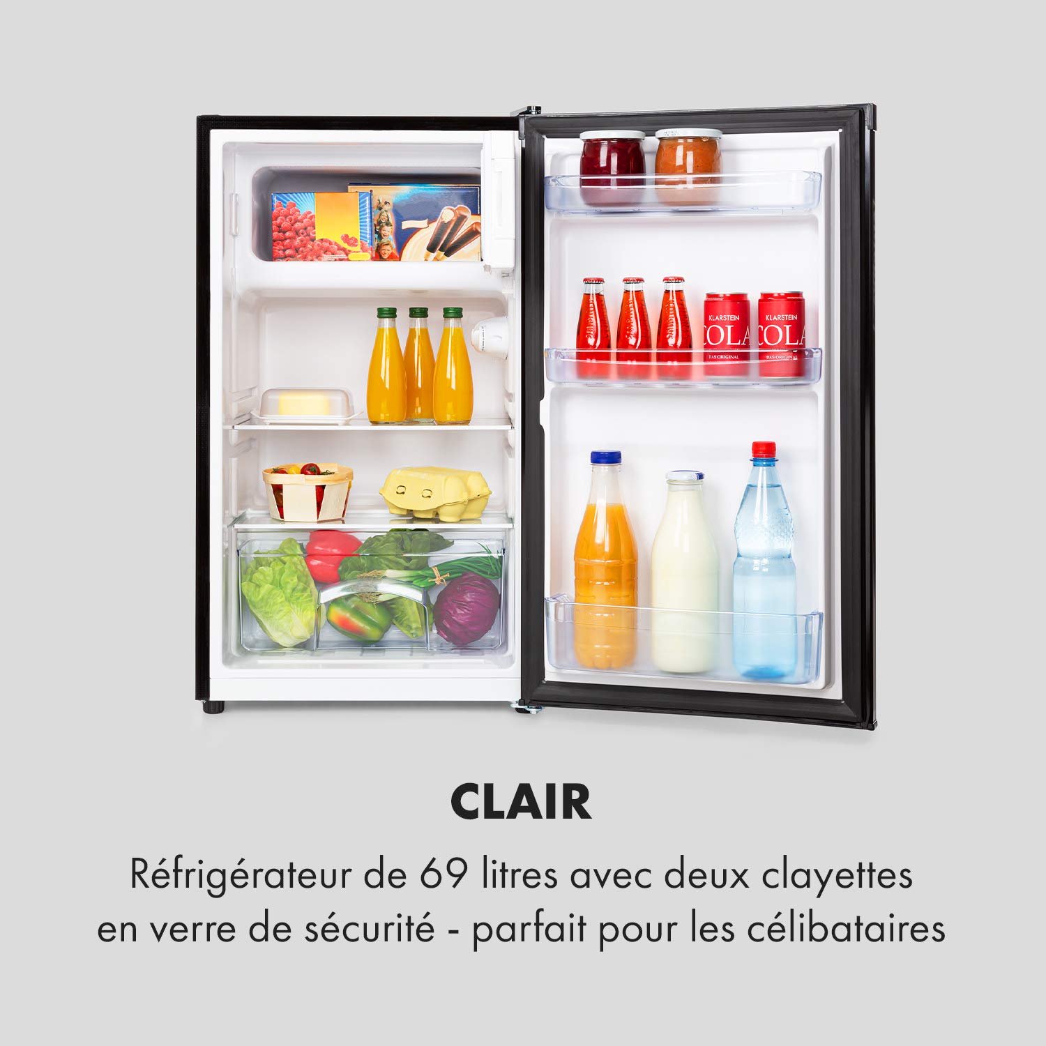 KLARSTEIN Cool Cousin - Combiné réfrigérateur congélateur, 80 L :69 L réfrigérateur et 11 L congélateur 3 étoiles, 2 clayettes en verre, 3 compartiments de porte, bac à légumes