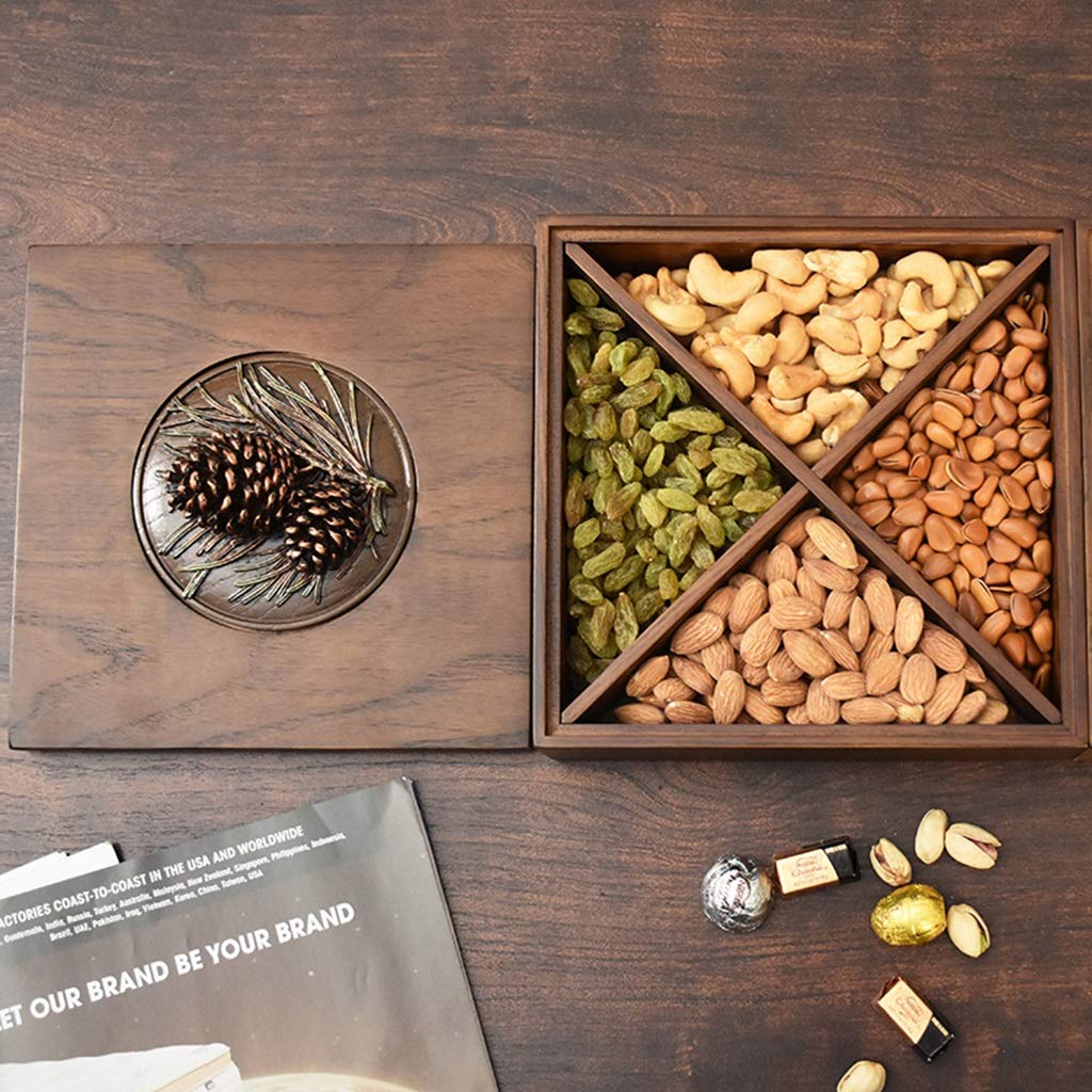 Trockenobst-Tablett, Serviertablett for Nüsse und Süßigkeiten, Nussschale im Wohnzimmer, Nuss-Servierplatte mit Holzfach, Serviertablett mit Deckel, Nussschalen for Chips, Süßigkeiten(20*20*8.4cm)