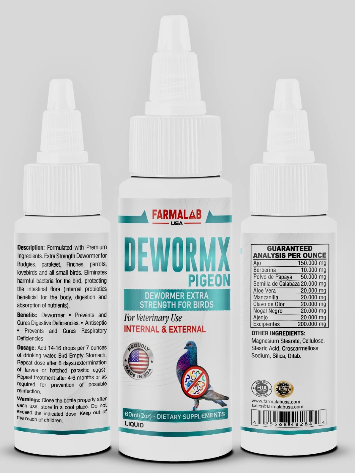 DEWORMX Liquido para Palomas 60ml DEWORMX Liquid for Pigeons Doves Birds 60ml Palomos Buchones Mensajeros Pigeon Tabs Pigeonvita Vitamins La Lechita