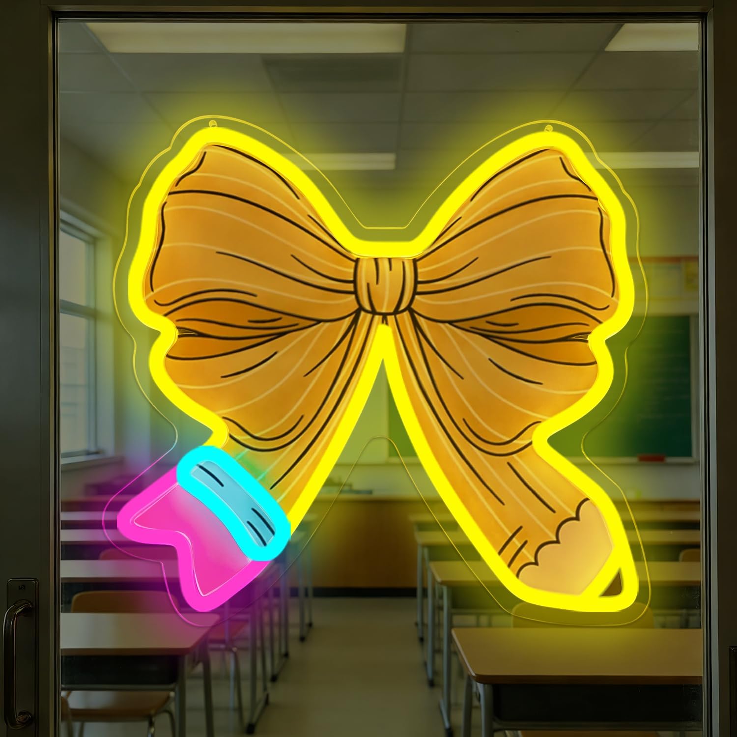 Pencil Bow Neon Sign for Wall Decor Classroom Led Sign Back To School Decorations Teacher Neon Light Pencil Coquette Bow Light Up Signs for Classroom First Day Of School Decorations Gift Office Porch