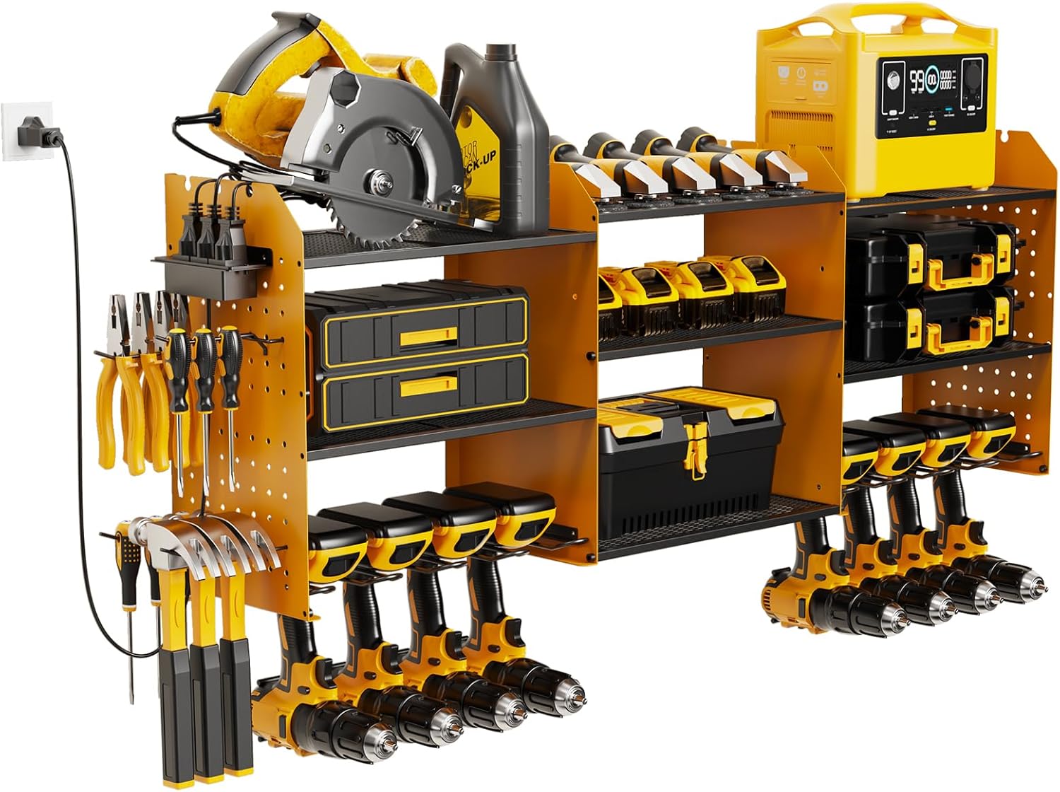 Power Tool Organizer, 45.5 Inch Cordless Drill Holder Wall Mounted, 3 Layers Tool Organizers with Outlet Power Strips , Garage Storage Rack for Toolbox/Impact Wrenches/Screwdriver/Plier/Hammer