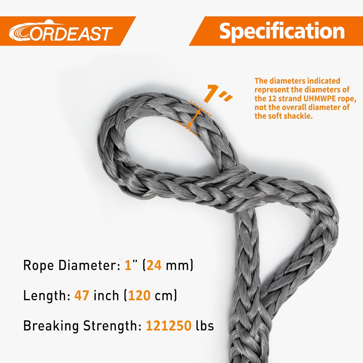 Synthetic Soft Shackle 1“ X 47” (121250 lbs Breaking Strength) Extra Large Long UHMWPE Rope Shackle for Heavy Duty Truck Off-Road Recovery (Gray, 1-Pack)