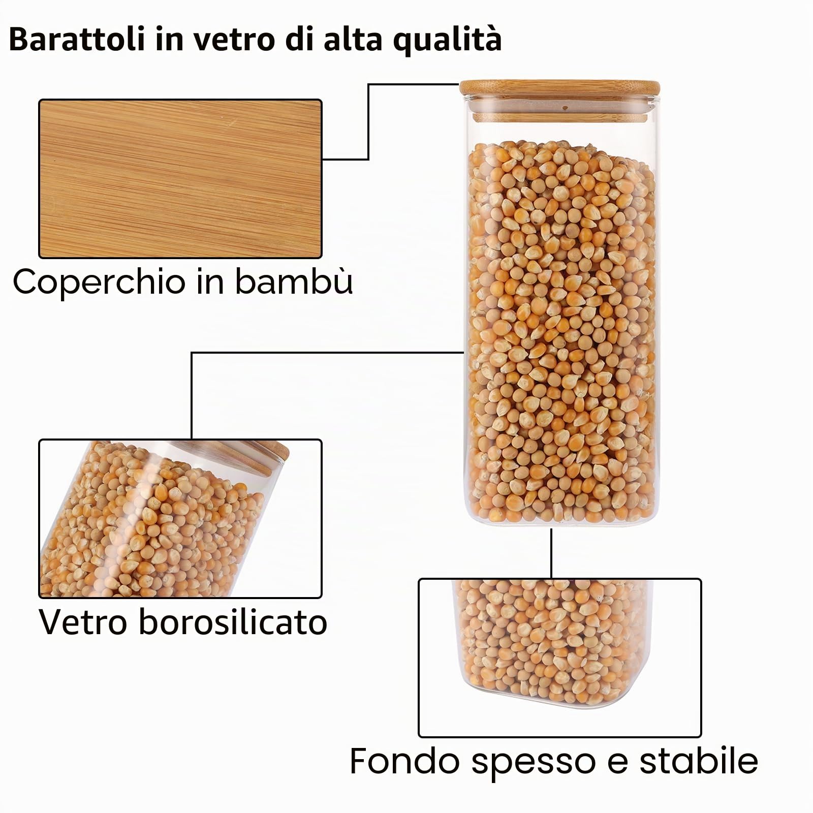 4 Pezzi Barattoli per Alimenti con Coperchio, 1500ml Barattoli in Vetro con Coperchio Ermetici, Contenitori in Vetro Angolari con Coperchi in Bambù, Barattoli per la Conservazione in Cucina per