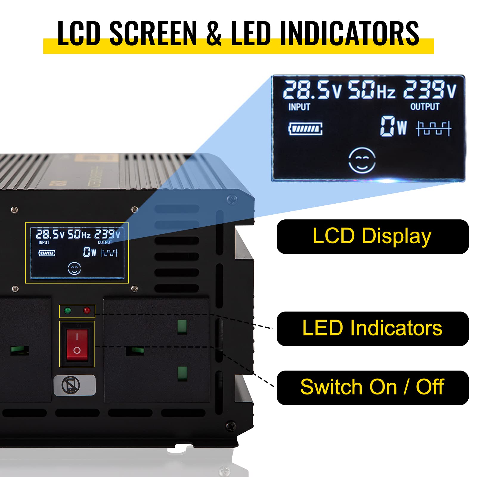 VEVOR 3000 W Reiner Sinus Wechselrichter Sinus Spannungswandler, DC 24 V AC 240 V Dauerleistung Inverter Stromumwandler, 330 x 167 x 120 mm, LCD-Fernbedienung, 0,15 A, LED-Anzeigen, 2 Batteriekabel