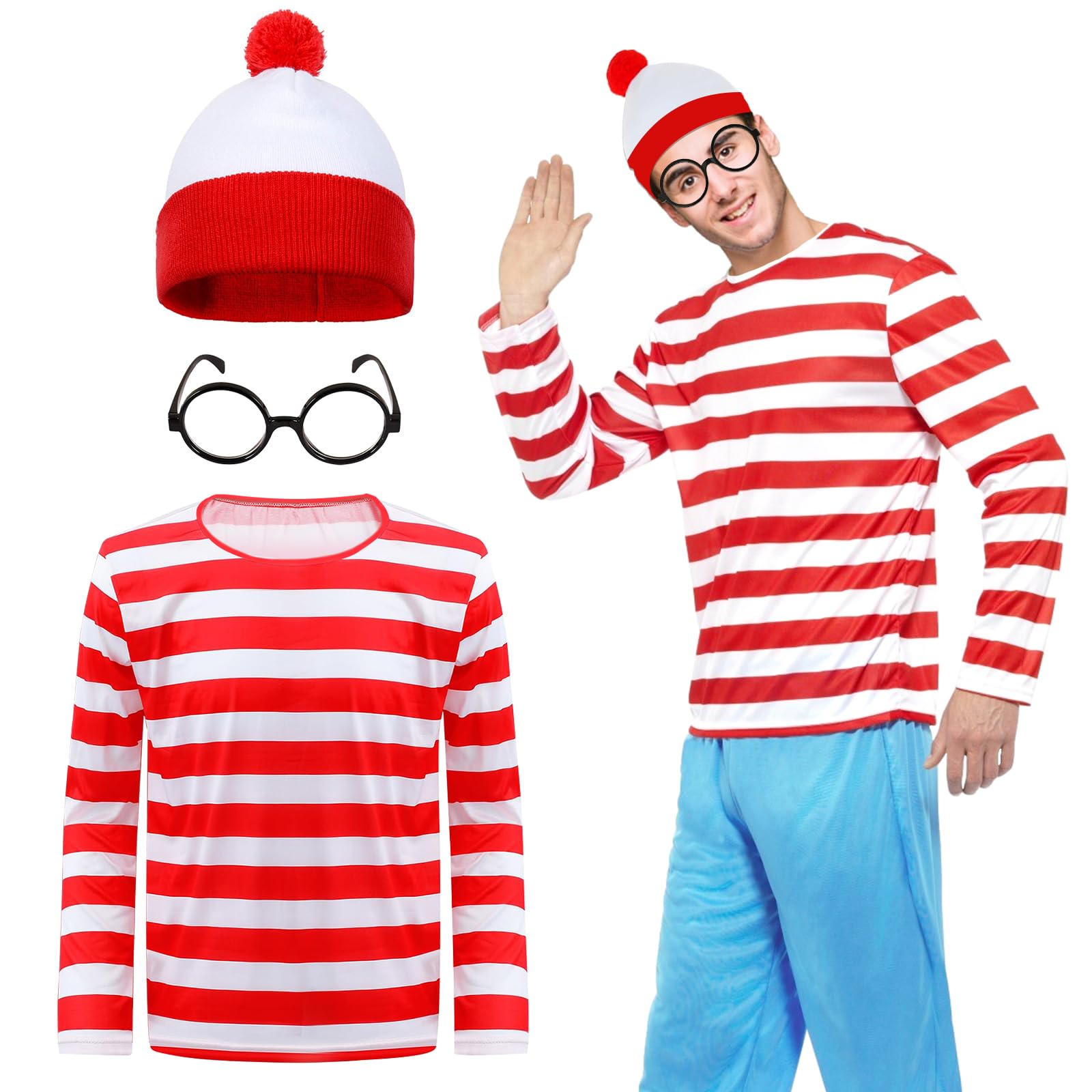 3PCS Men's Wally Costume Set,Cosplay Accessories Set with Red&White Stripe Long Sleeve Top Bobble Hat Black Nerd Glasses,90s Fancy Dress Costume for World Book Day Halloween Dress Up Day (Men, L)