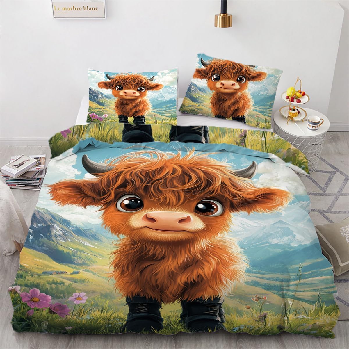 NDXRWDZR Double Duvet Cover Set Highland Cattle Duvet Cover with Zipper Closure Bedding for Aldults Kids Soft Hypoallergenic Microfiber Quilt Cover 200x200 cm + 2 Pillowcases 50x75 cm