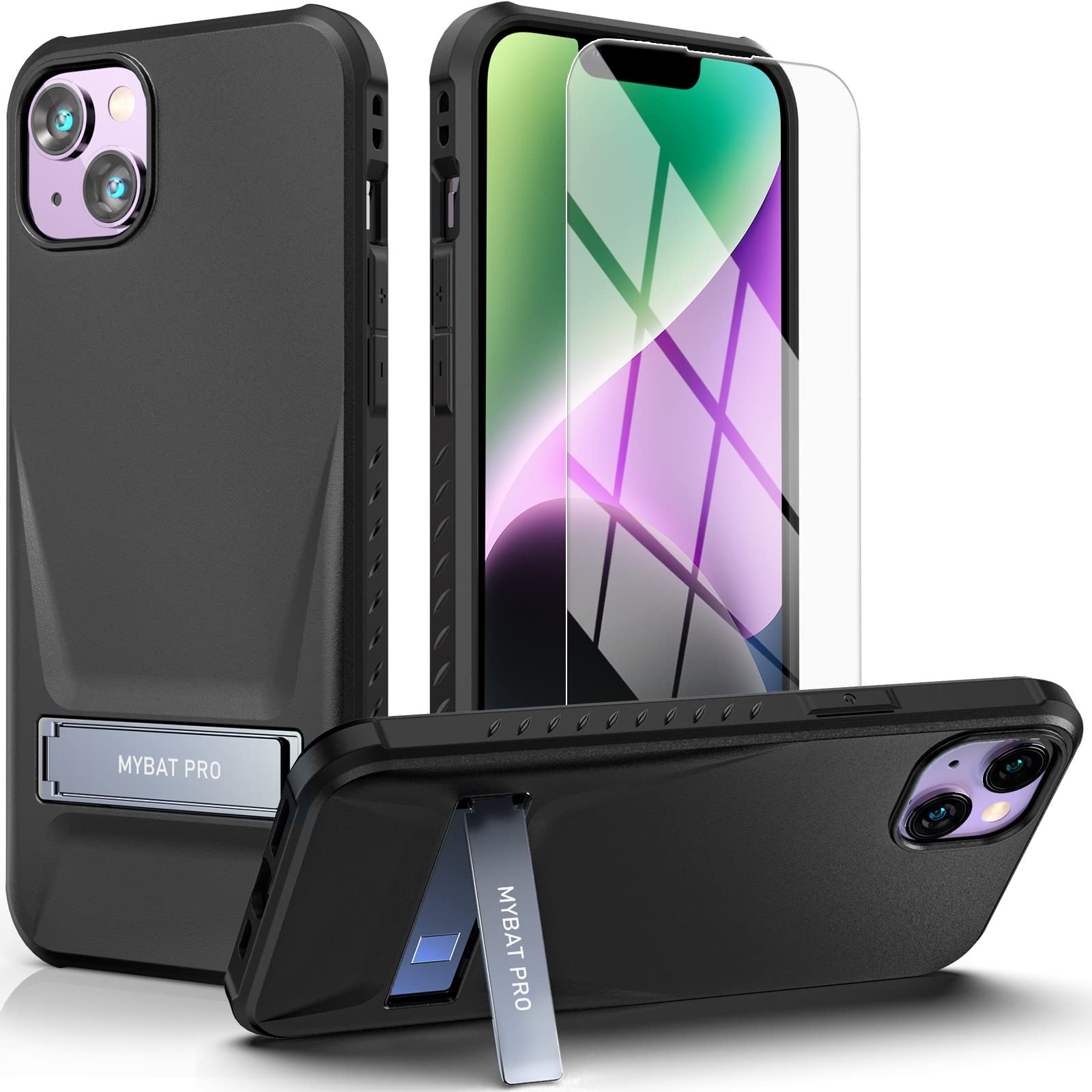 MyBat Pro Beyonder Series for iPhone 14 Case with Stand and Screen Protector (6.1"), Military Grade Protective Slim Thin Durable Hard Shockproof Slip Proof Simple Solid Cute Case for Men, Black
