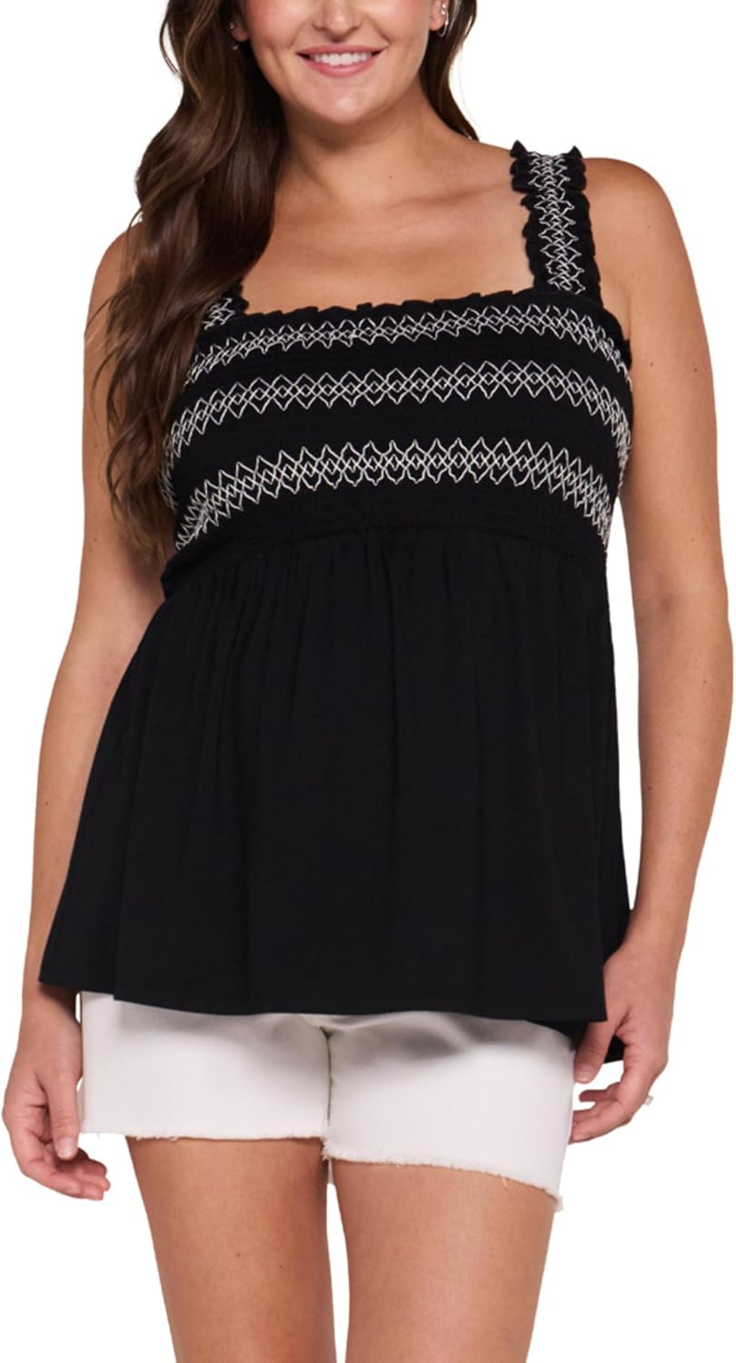 Motherhood Maternity Women's Babydoll Sleeveless Smocked Embroidery Pregnancy Tank Top