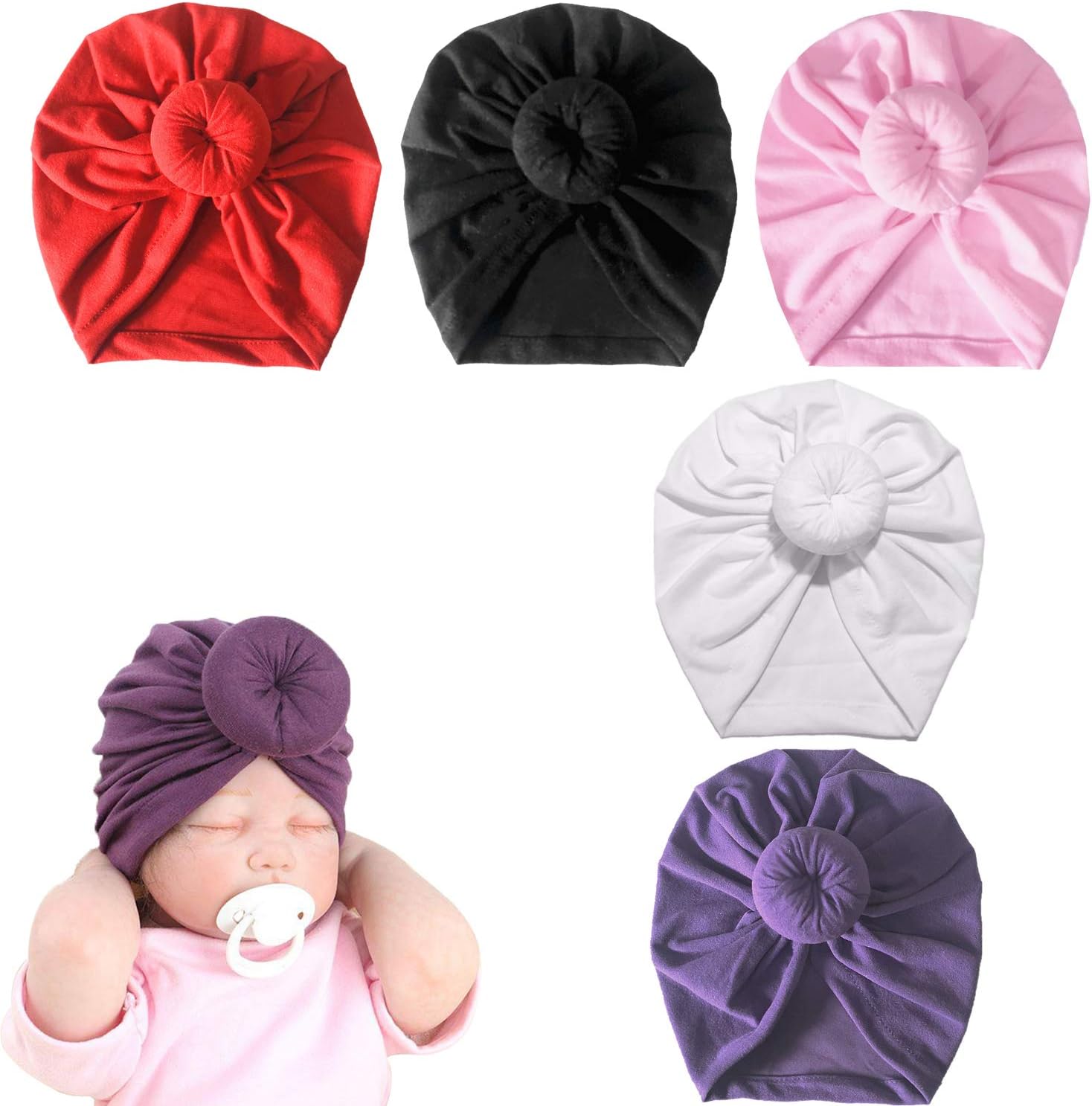 LERTREE 5 Pack Newborn Hat Soft Turban Baby Girl Big Knot Hat Infant Kids Head Cap Headwear