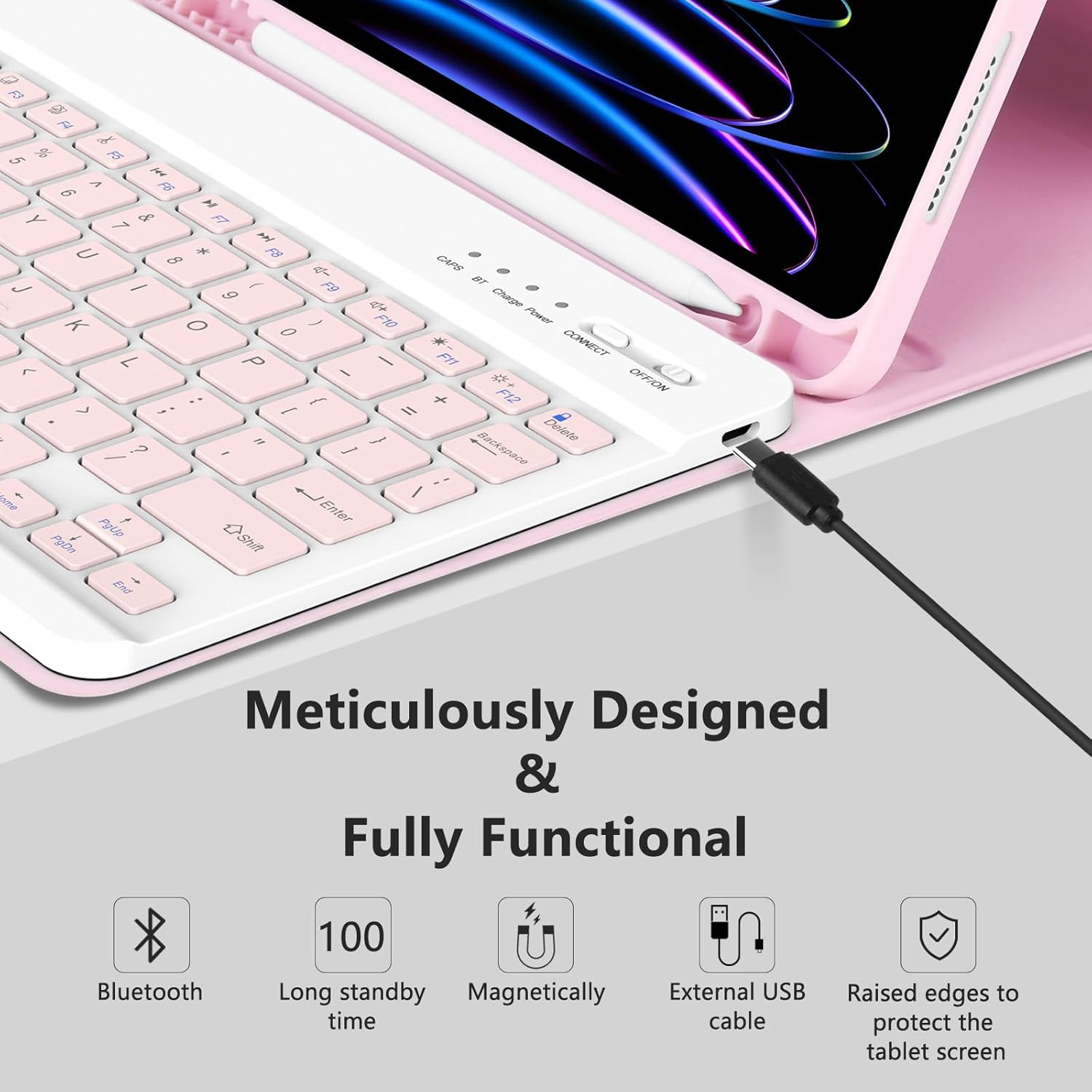 MMK for iPad Air 11 inch Case with Keyboard (M3 2025 / M2 2024) & iPad Air 5/4th Gen (2020/2022) & iPad Pro 11" 2018-2022, Detachable Bluetooth Keyboard Cover with Pencil Holder | Pink