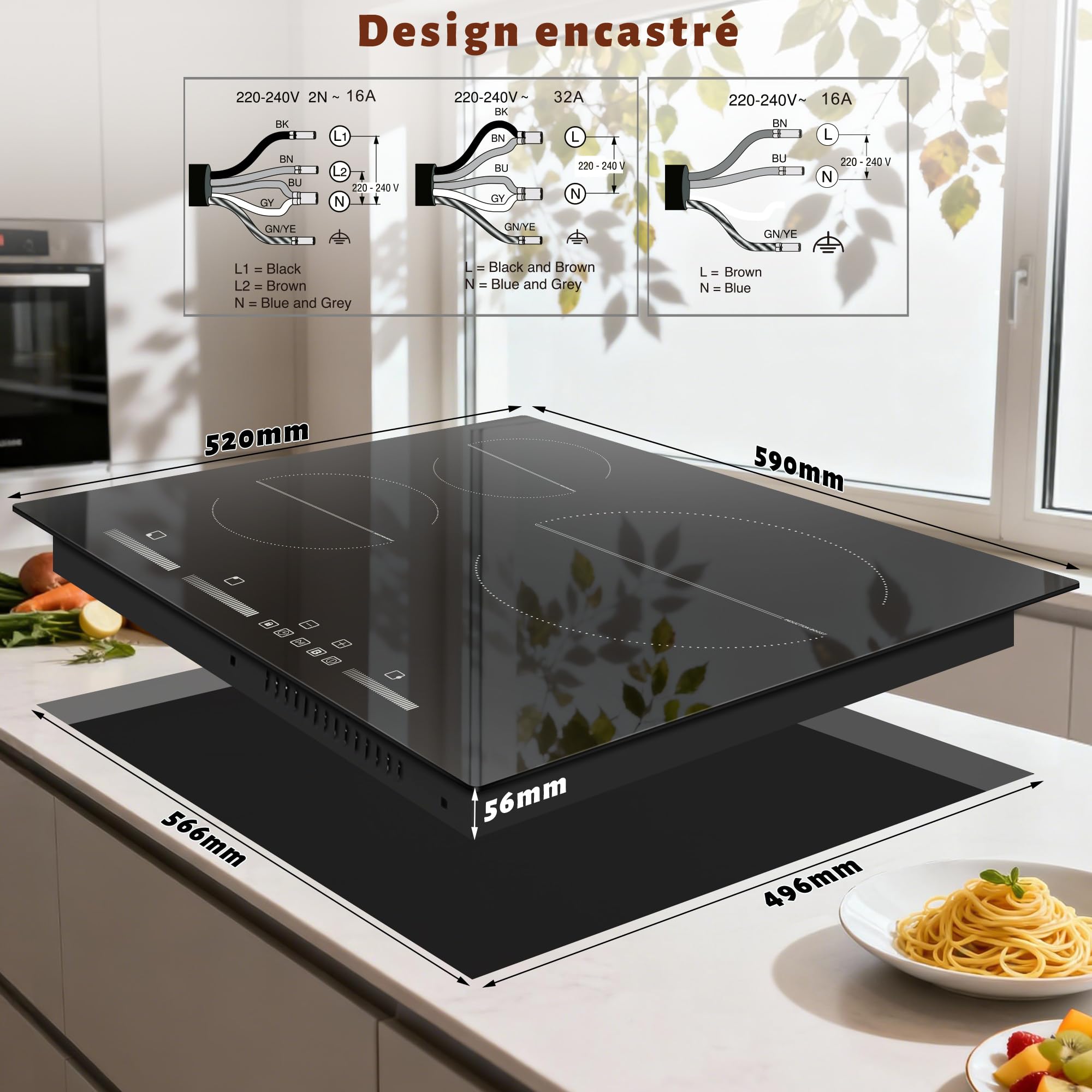Plaque à Induction 3 Feux 6500 W, Plaque Induction 60 cm Encastrable | Commande Tactile, Sécurité Enfants, Booster, 9 Niveaux de Chauffe, Minuteur