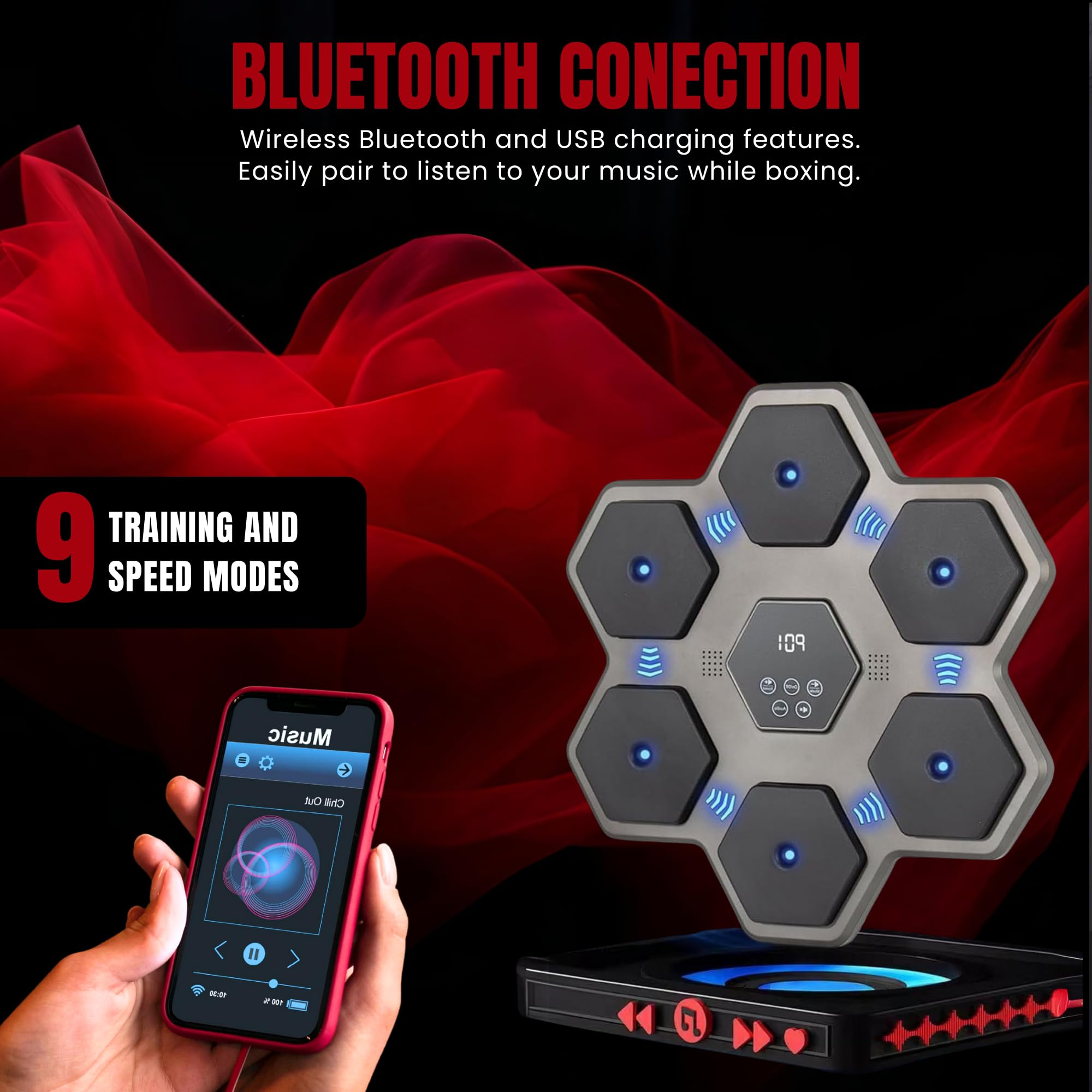MAGIC SELECT Musikalische Boxmaschine. Wandtrainingsgerät mit LED, Boxhandschuhen, Bluetooth und Lichtern im Rhythmus der Musik. Boxmaschine für Kinder/Erwachsene. (9 Modi, 43x43 cm)
