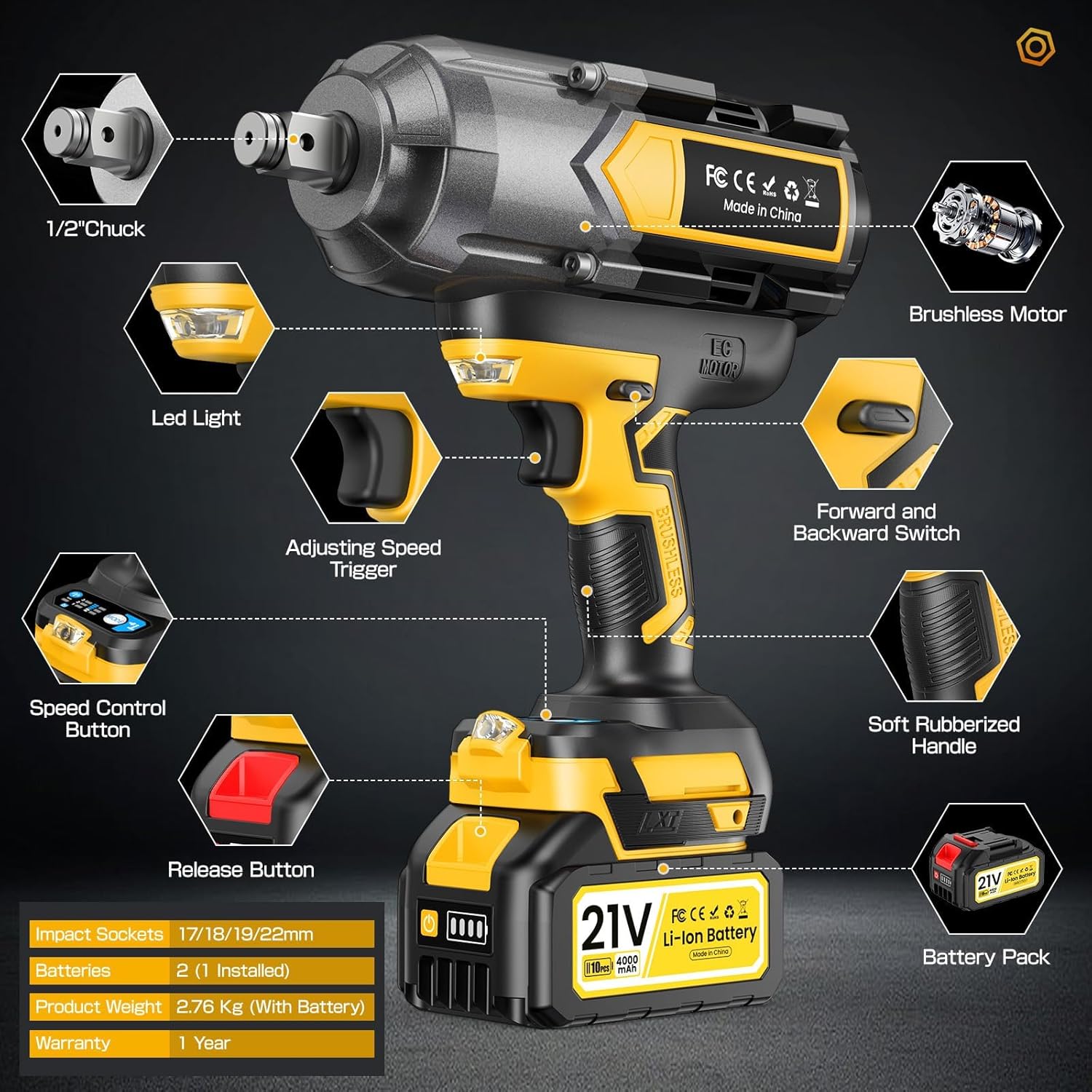 Cordless Impact Wrench 1200 N.m (900Ft-lbs), 1/2 inch Brushless Impact Gun with 2 x 4,0 AH Battery, 5 Sockets & Storage Case, 1 Converter 3/4", 1 Extension, 3 Rubber Rings, for Car/Truck/Home