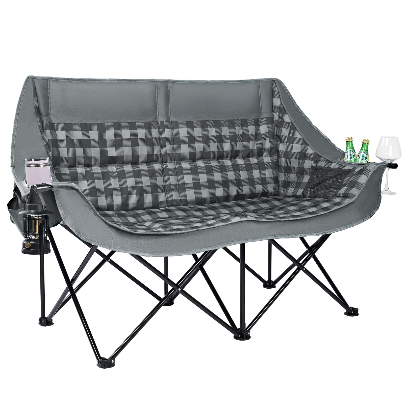 Double Camping Chair 2 Person Loveseat, 800LBS Heavy Duty Chair, Plaid | Padded Camping Couch, Portable Folding XL Camp Chair, 600D Oxford Fabric, Cup Holder, Side Pocket, Lawn Chair, Beach, Fishing