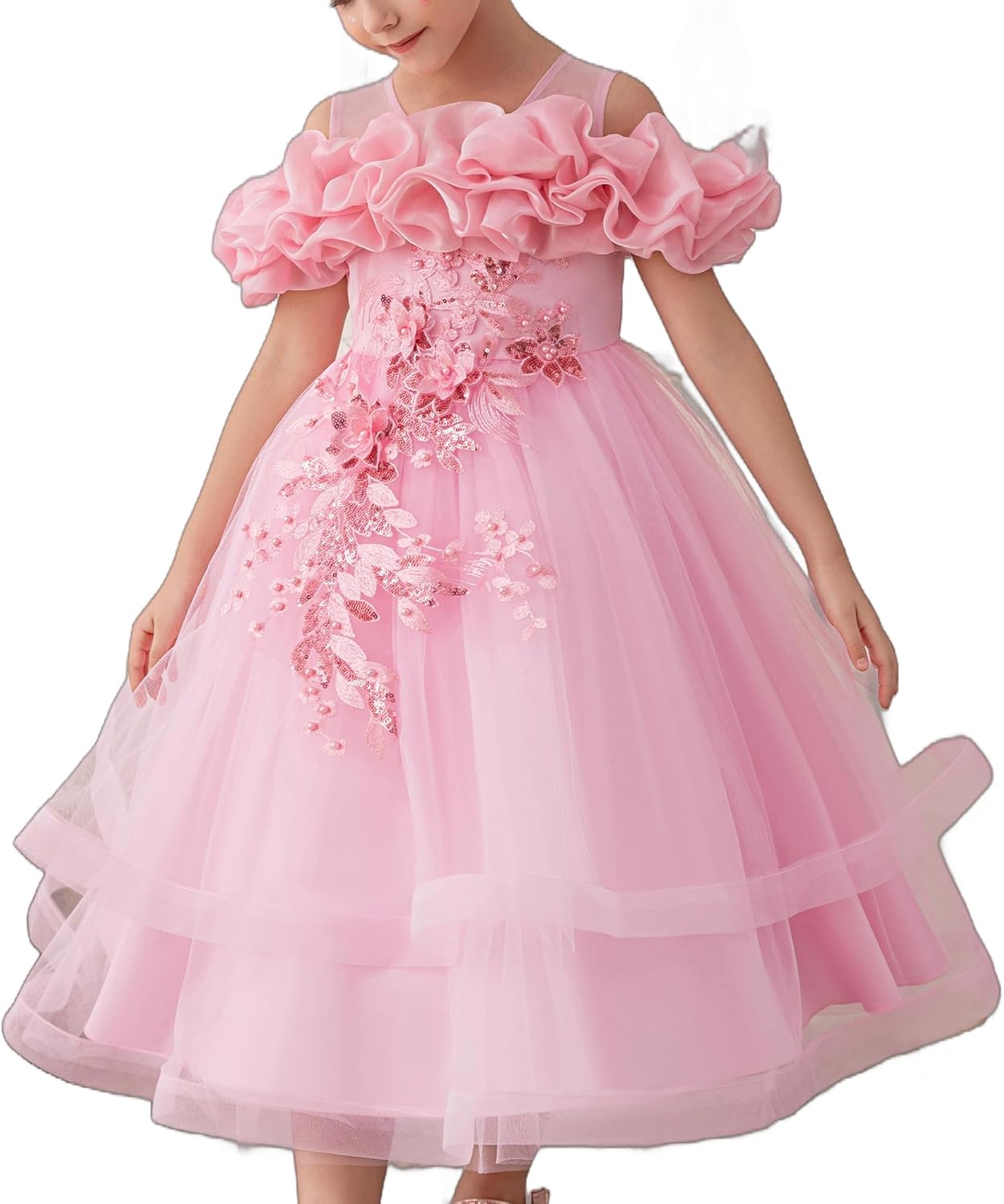 Girls' Special Occasion Dresses with Cloud Shoulder Design, Mid-Length Easter Dress for Girls