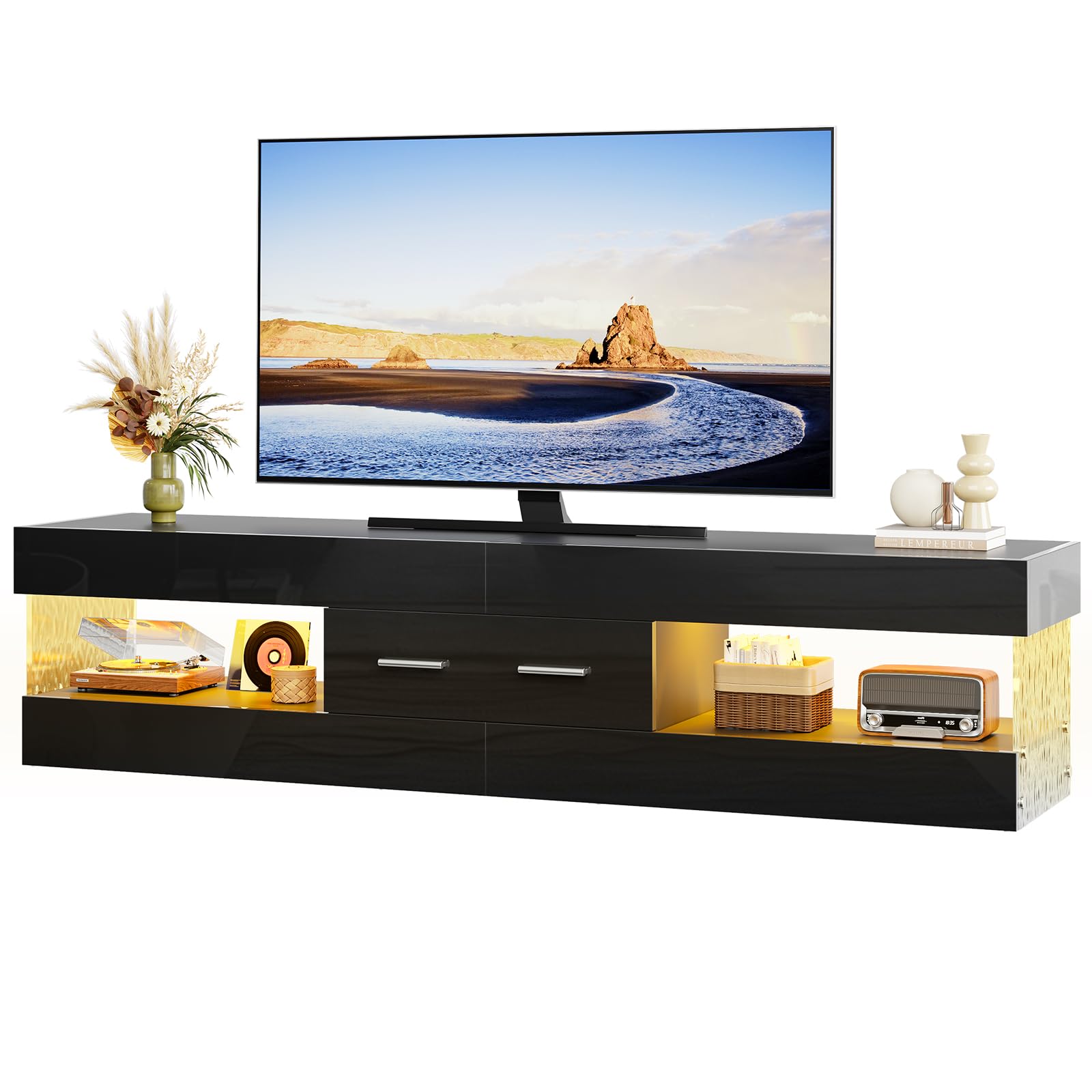 Bestier Mobile TV per TV da 75 pollici,moderno mobile TV laccato lucido,centro di intrattenimento a LED con ampio cassetto,consolle TV per soggiorno e camera da letto(nero)