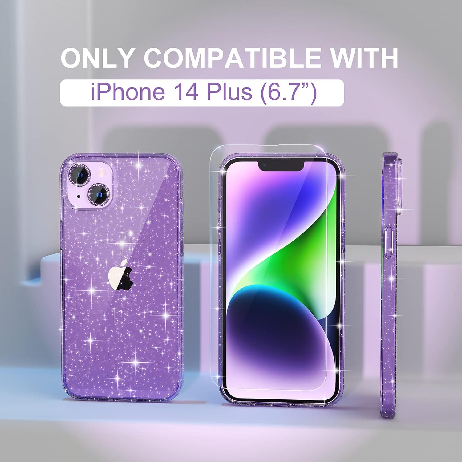 Choiche Compatible for iPhone 14 Plus Case Women Phone Case, Cute Bling Sparkly, Military Grade Drop Protection, 2 Diamond Camera Lens Covers, 2 Tempered Glass Protectors, 6.7 inch (Glitter Purple) Glitter Purple For iPhone 14 Plus