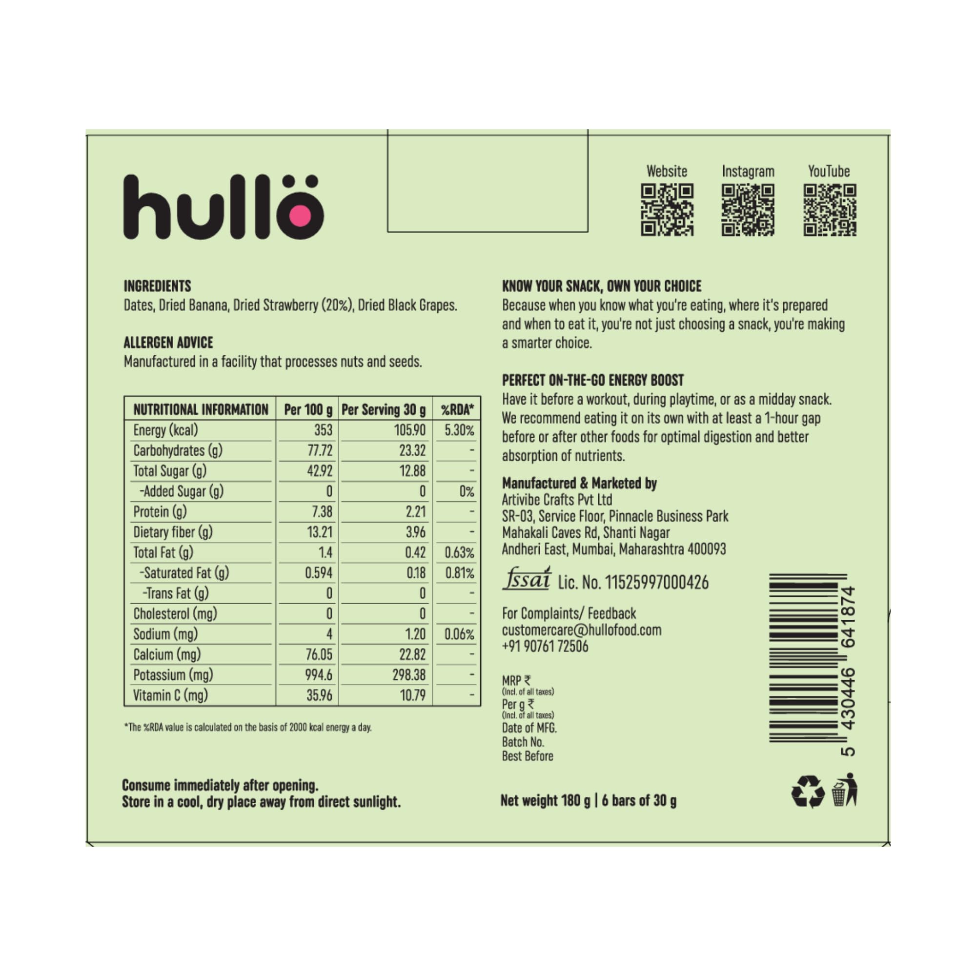 Hullo The Only Fruit Bar - Strawberry (Pack of 6 x 30g) | Healthy Energy Snack Bar for Kids & Adults with No Added Sugar & No Preservatives | Made with Only Strawberry, Banana, Black Grapes & Date — Amazon image 2