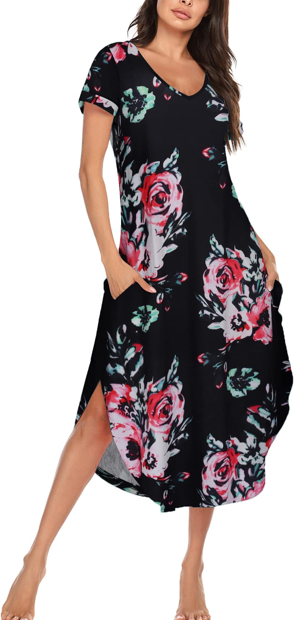 EkouaerNightgowns for Women V Neck Nightshirts Short Sleeve Soft Sleepwear Side Split Pockets Long Nightdress S-3XL