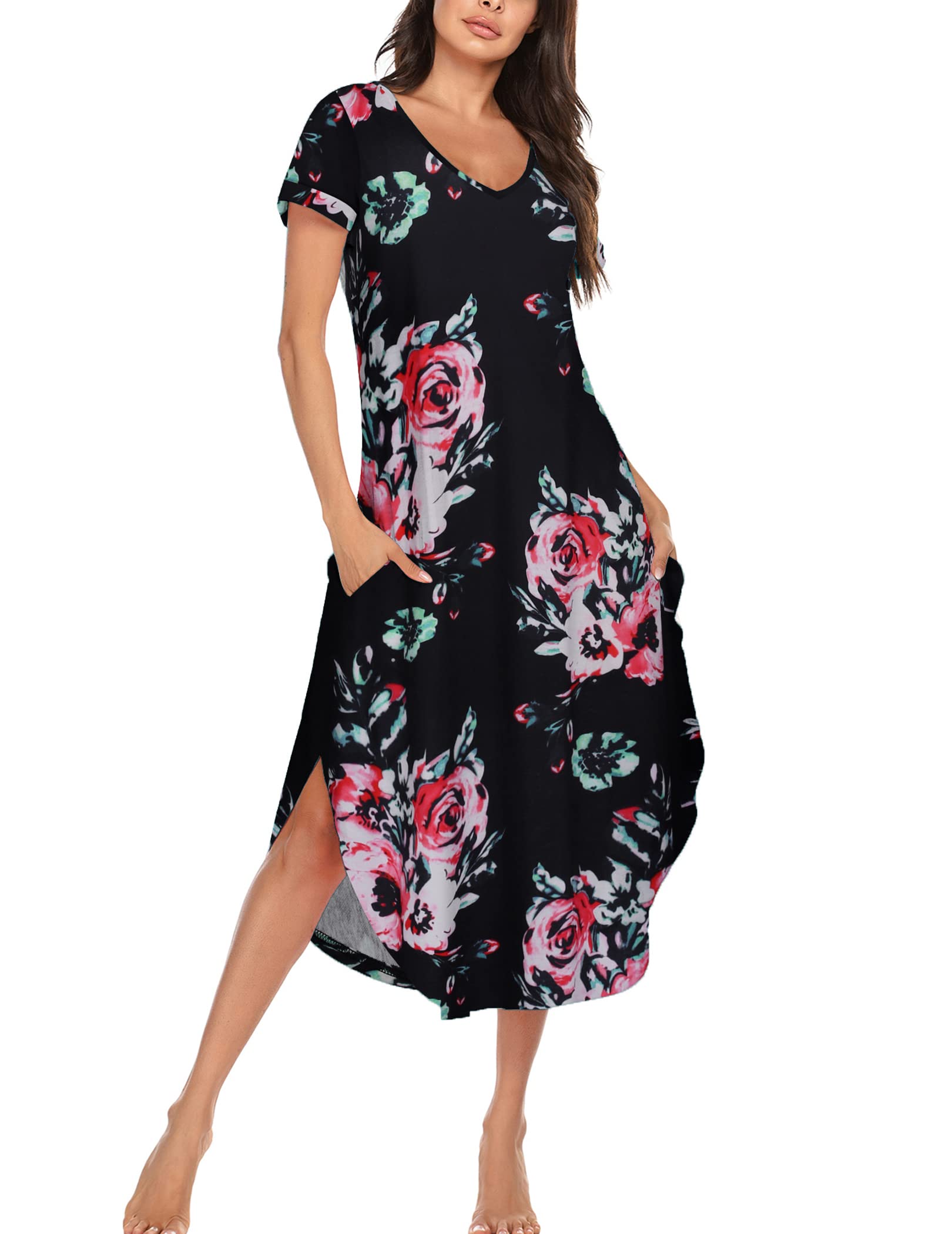 EkouaerNightgowns for Women V Neck Nightshirts Short Sleeve Soft Sleepwear Side Split Pockets Long Nightdress S-3XL