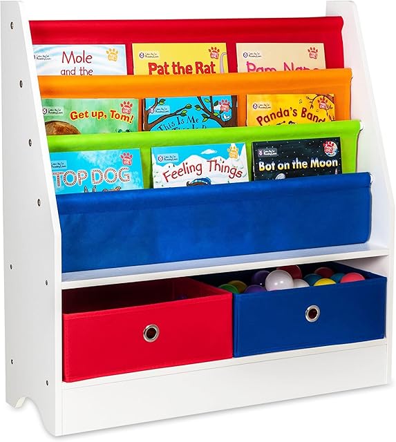 Fineway. Childrens Colourful 2 Drawer Toy Container Storage Boxes with 3 Tier Sling Book Storage Organiser Book Rack Shelf Shelves Unit (Multi Colour)