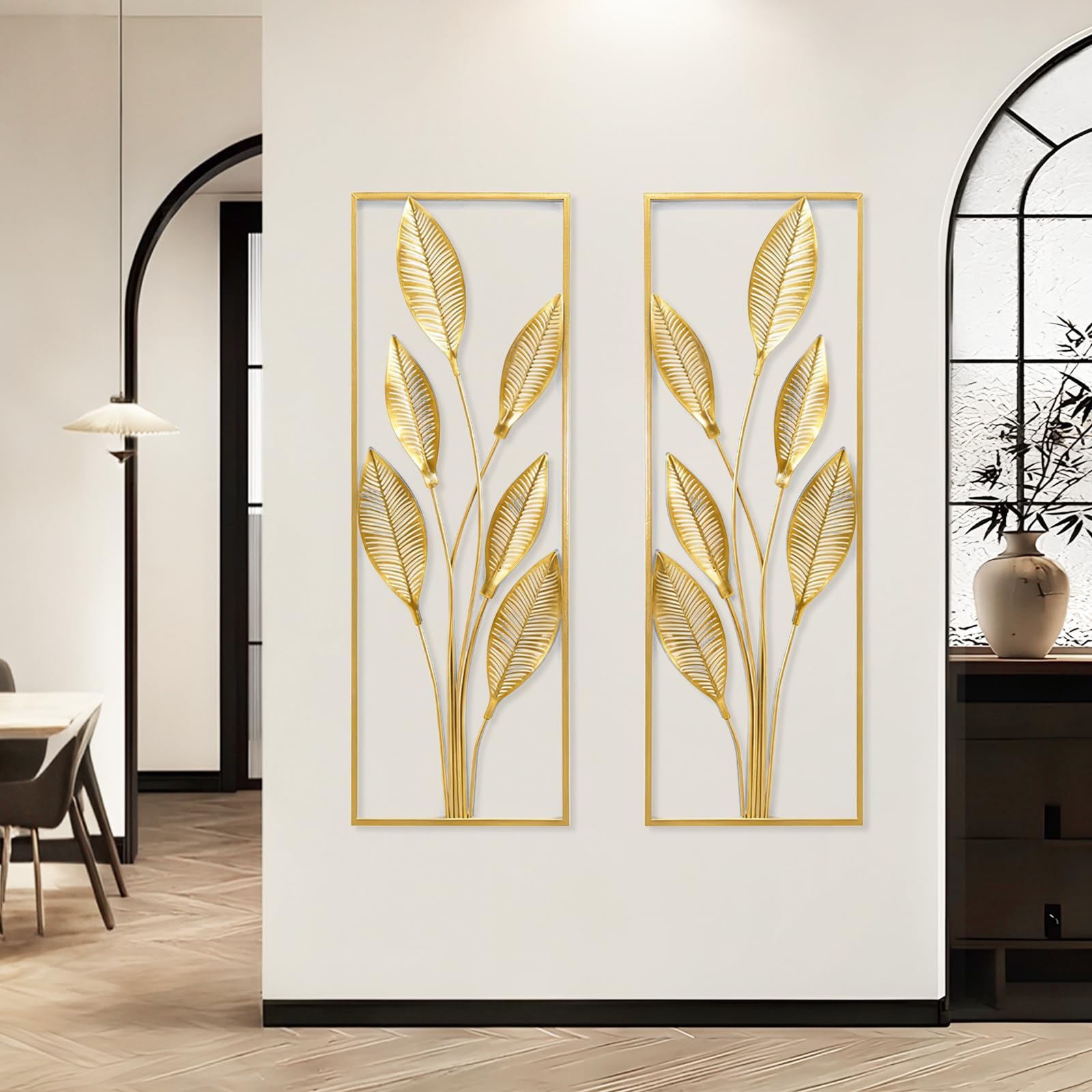 DecoracióN De Pared De Metal, 2 Piezas De DecoracióN De Pared Para Sala De Estar Hechas A Mano PéTalos De Pera Dorados Arte De Pared Moderno Para Sala De Estar Y Dormitorio (Montaje Sin Clavos)