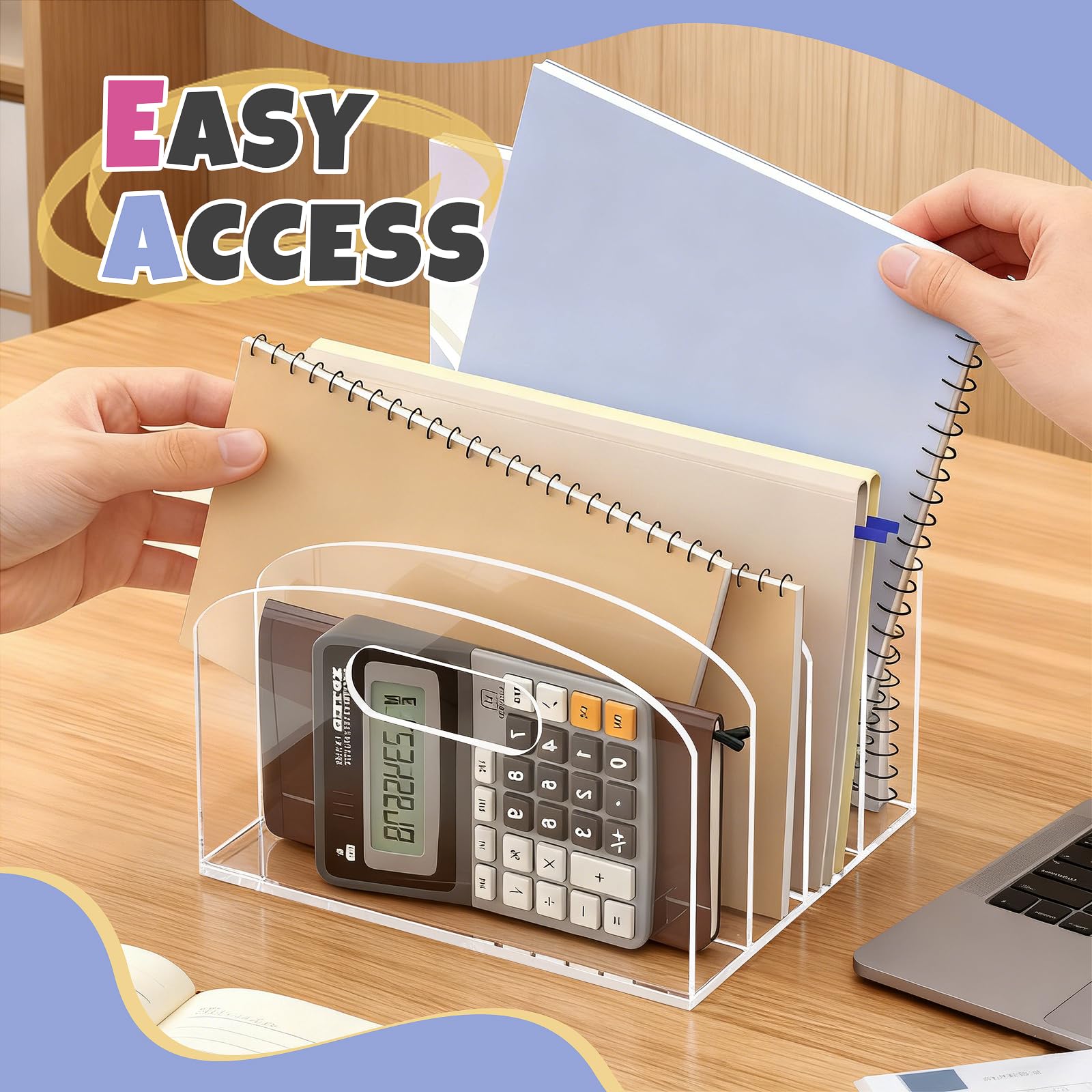 Jumyee Organizer da scrivania in acrilico con manici, 4 scomparti per carta e documenti, per ufficio e casa, forniture scolastiche, organizer da scrivania con bordo rotondo per riviste, cartelle