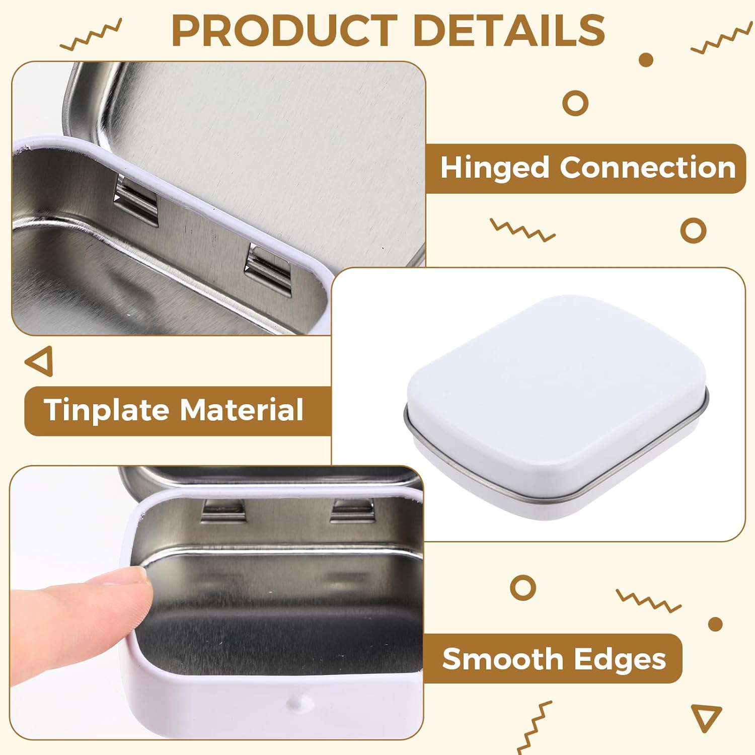 100 Pcs Metal Hinged Tin Box Rectangular Small Tin Container with Lid Mini Portable Tinplate Storage Box for Drawing Pin, Candies, Jewelry, Crafts, Button, Pill 2.4 x 1.8 x 0.6 Inch(White)
