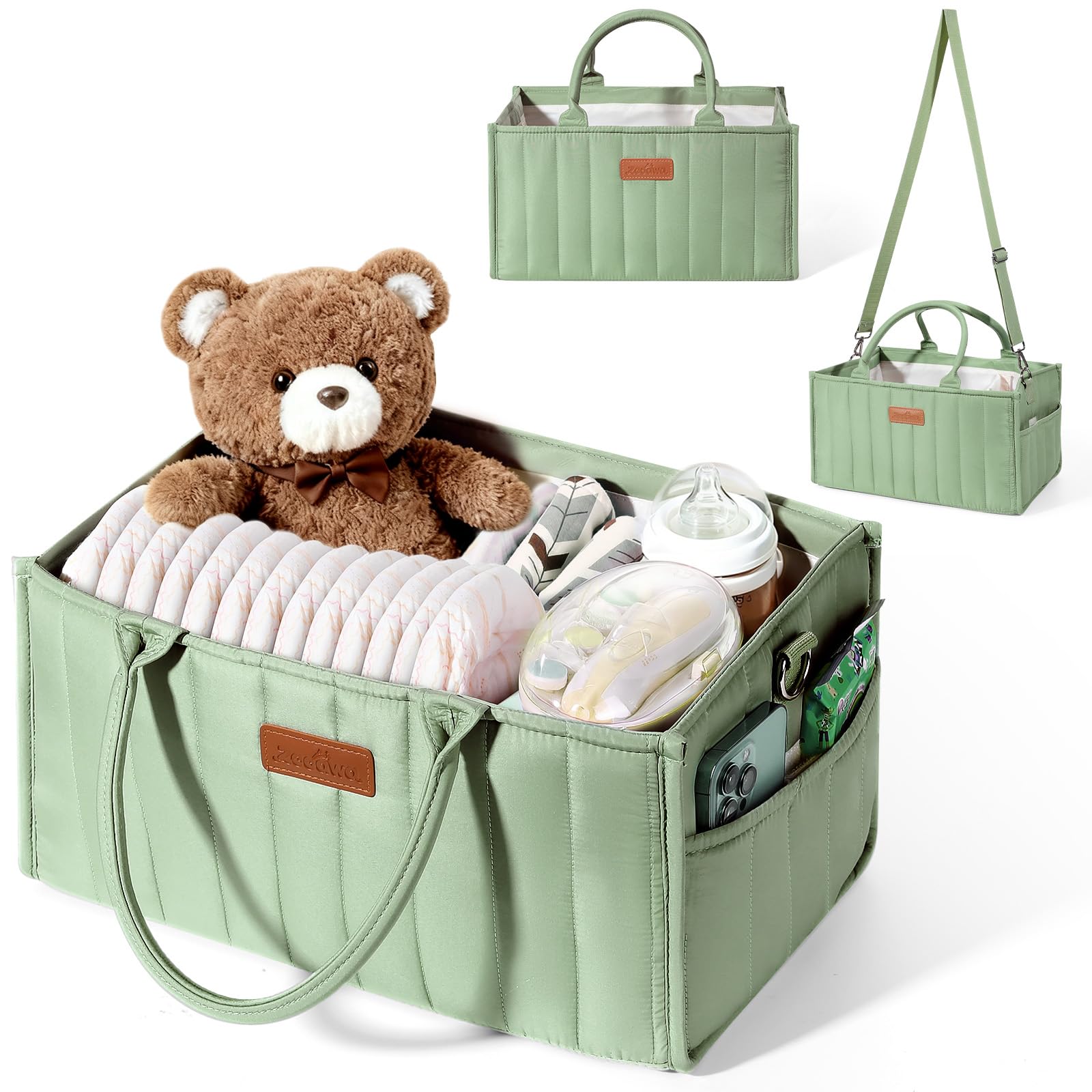 Zooawa Baby Diaper Caddy Organizer Portable Nursery Storage Basket with Compartments Handle Shoulder Strap for Newborn Baby Essentials