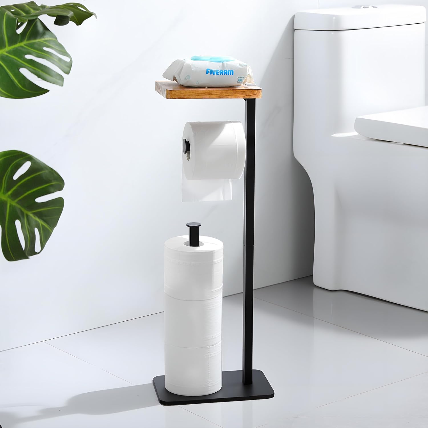 YIGII Toilet Roll Holder Stand with Shelf-Rustproof Metal Toilet Paper Stand for 3 Rolls with Anti-Slip Base and Wood Shelf for Phone or Small Items, Bathroom Organizer and Storage, Black
