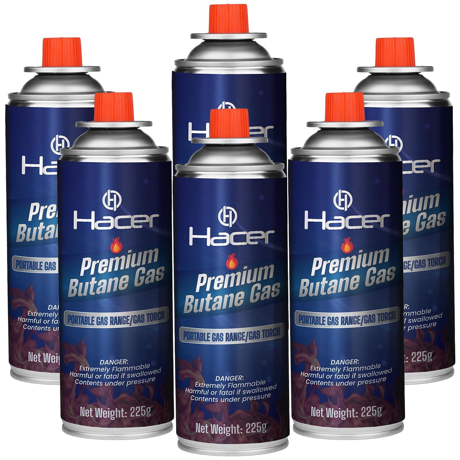 Hacer 6 x 225g Pure Butane Gas Cartridges for Camping Stove, Portable High Pressure Refill Fuel for Welding Torch, Fogging Machine & Lighters, Non-Freeze Canisters Pack of 6
