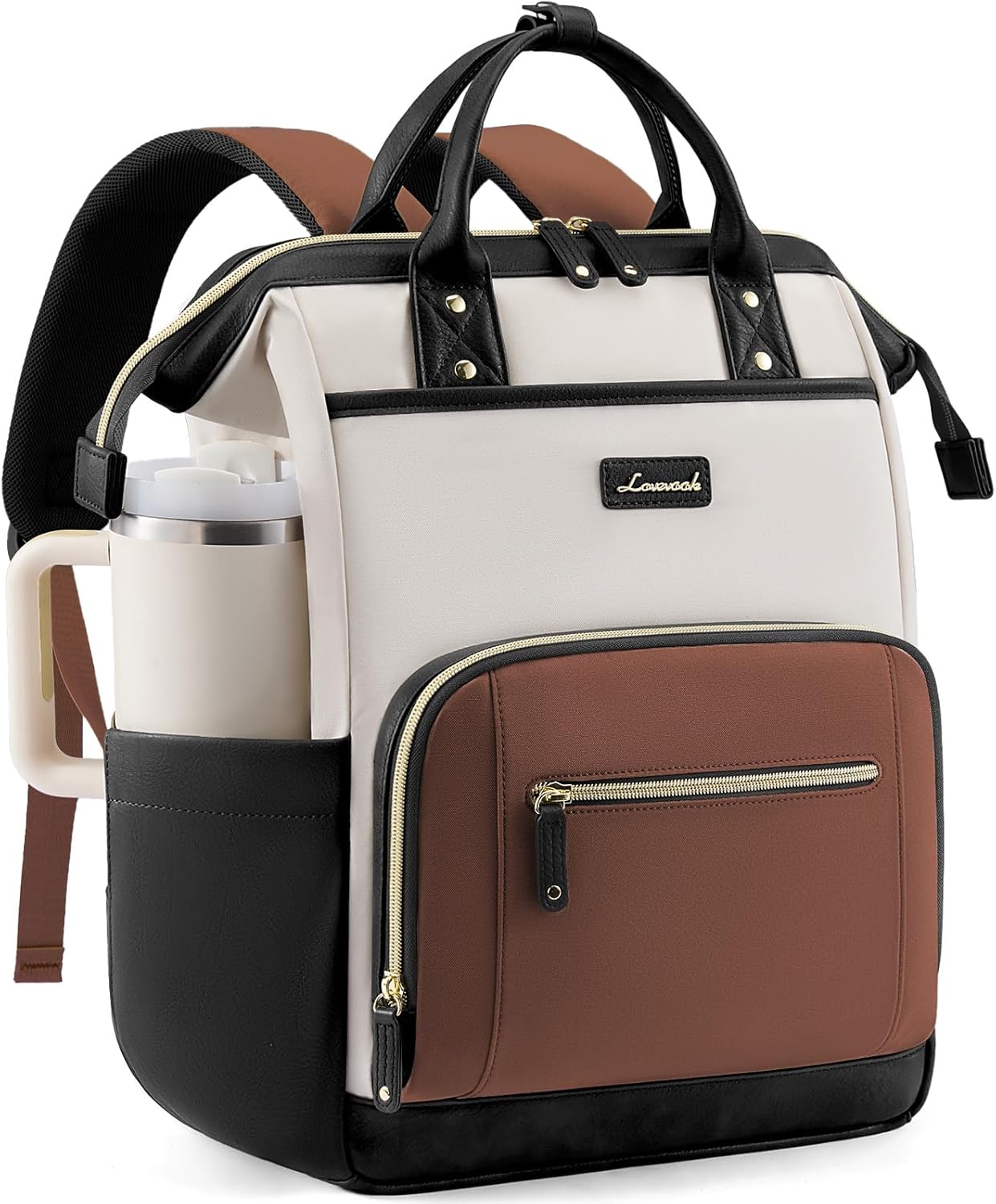 LOVEVOOK Laptop Backpack for Women with Giant Tumbler Holder,15.6 inch Professional Nurse Teacher Backpack Computer Laptop Bag,Cute Waterproof Travel Backpack Purse Work College Bag, Beige-Black-Brown