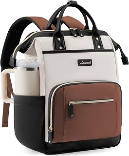 LOVEVOOK Laptop Backpack for Women: 18" Nurse Teacher Bag with Giant 40oz Tumbler Holder, Waterproof Travel Work Purse, Beige/Black/Brown